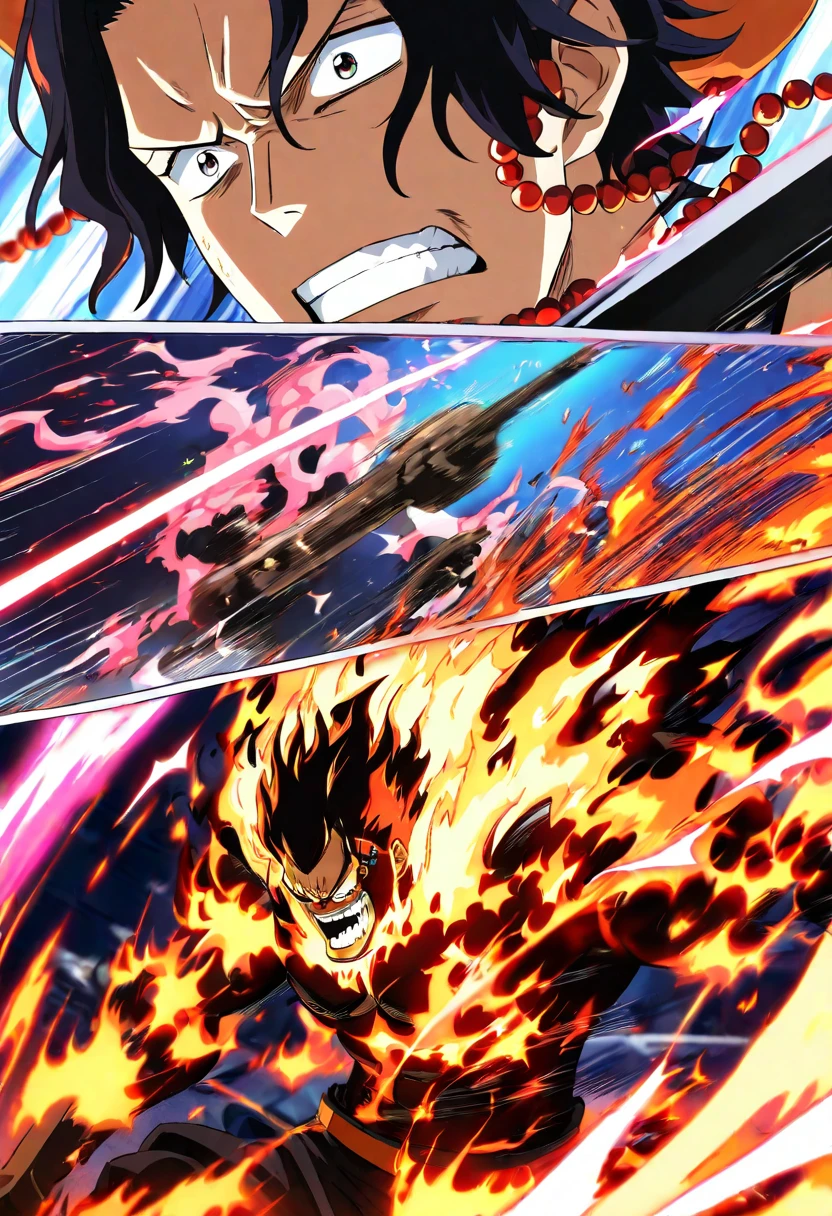 Anime, \(One Piece\), close-up of a Portgas D. Ace, dynamism, vivid muscle lines and movements, being in flames, dazzling light source, tense battle situation, various effects