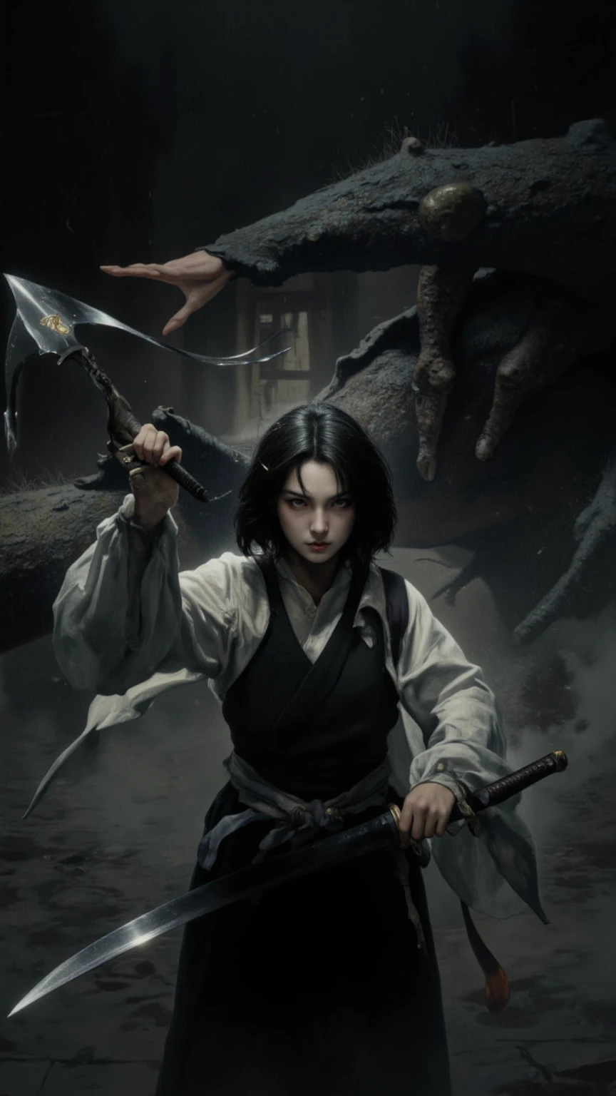 Japanese Girls,alone, Dark Hair, Samurai Knife, Battle Pose ,