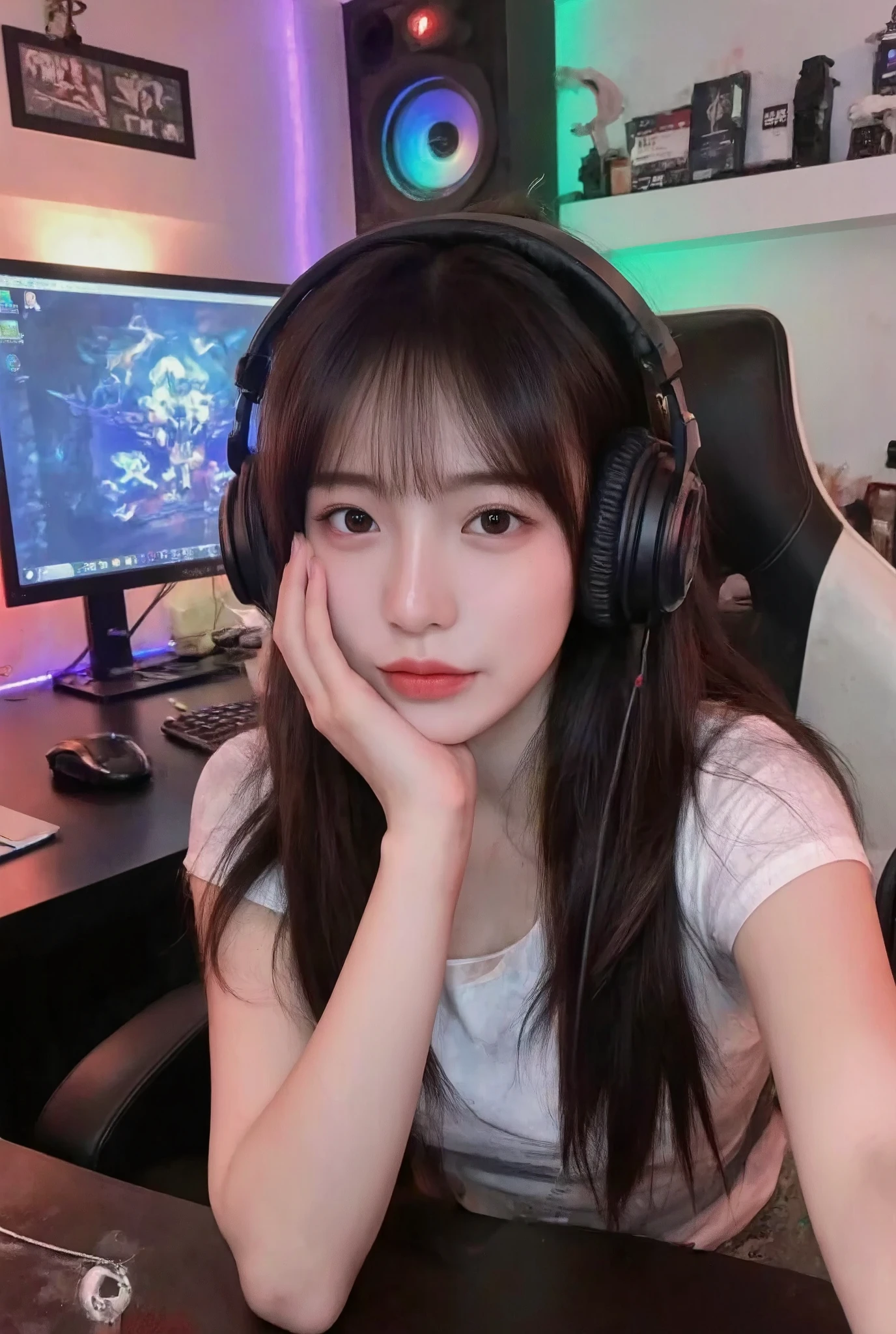 A photorealistic image of a Chinese woman taking a selfie while resting her chin on her hand. She is wearing gaming headphones and sitting comfortably in a stylish gaming chair, surrounded by a vibrant gaming setup that includes colorful LED lights and a computer screen in the background. The focus is on her facial expression, showcasing her personality and the gaming atmosphere around her.