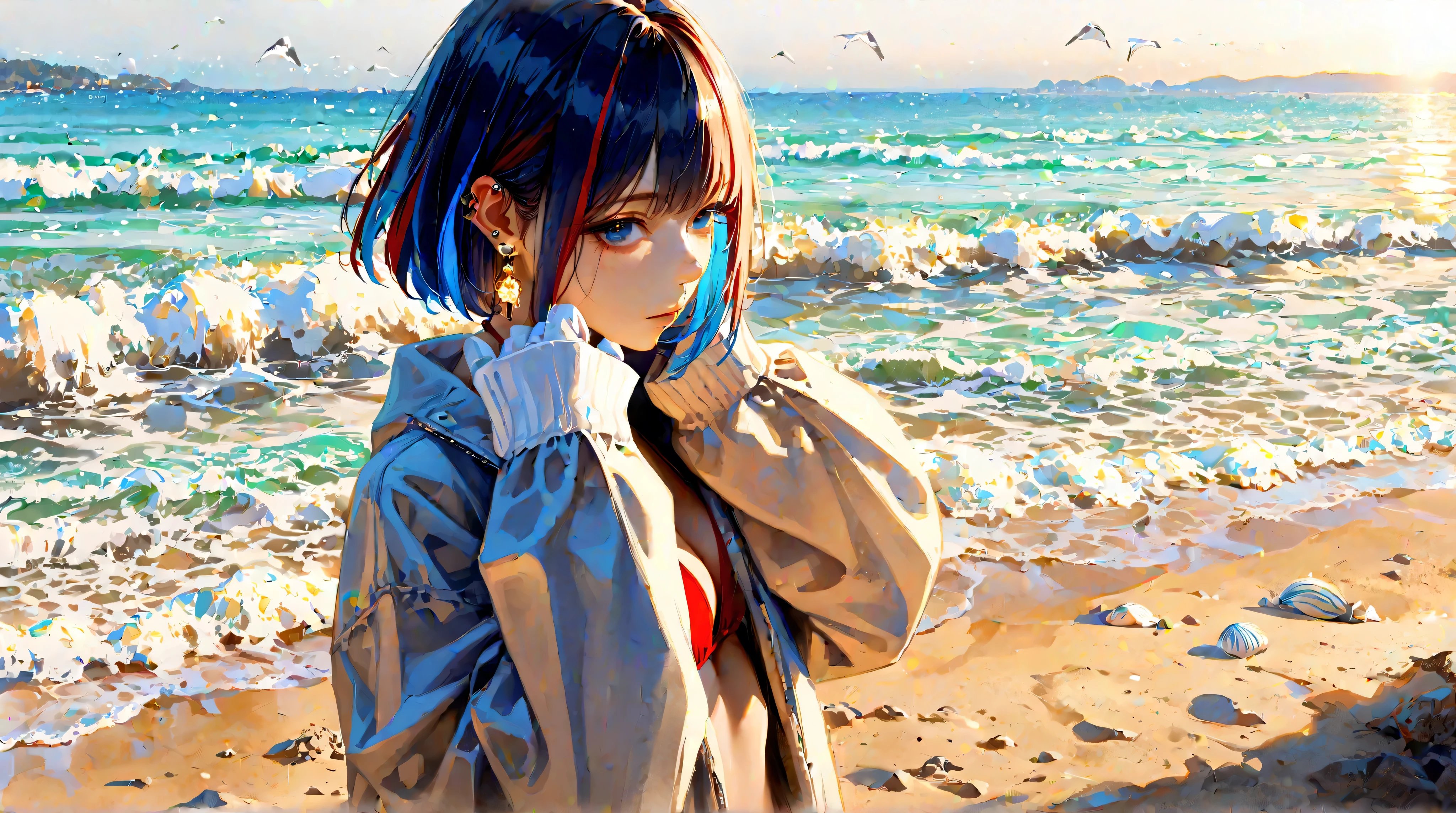"Best quality, masterpiece, absurdres, newest, (atnr style, realistic), solo, jewelry, earrings, 1girl, textured multicolored background, fully blue hair, red bikini, elegant white gloves, looking at viewer, short hair, soft and immersive beach setting, bangs, single blue-colored hair, blue eyes, piercing, eyelashes, upper body, ear piercing, open eyes, vivid theme, open clothes, streaked hair, serene ocean waves gently rolling in, golden sunlight reflecting off the water, soft sand beneath her, footprints disappearing into the shore, sea breeze tousling her hair, warm and salty air, delicate white gloves extending gracefully past her wrists, fabric slightly translucent under the sunlight, subtly absorbing the sea mist.
A digital illustration in an anime style, featuring a young woman standing near the shoreline, her feet sinking slightly into the wet sand, the waves softly touching her skin. Her pale skin contrasts beautifully with the deep blue ocean and the bright red bikini, while the elegant white gloves add an air of mystery and refinement. She has a dazed yet serene expression, as if lost in thought, her gaze wandering toward the horizon.
The background is vast and immersive, capturing the endless ocean, the sky blending in soft hues of blue and gold, with distant seagulls soaring overhead. The water is crystal clear, reflecting the sky, with gentle waves lapping at the shore. The sand is smooth yet textured, with scattered seashells and delicate patterns left by the tide. The gloves appear slightly damp at the fingertips, their smooth texture contrasting with the natural surroundings.
The illustration is highly detailed, with delicate brushstrokes enhancing the flow of her hair, the shimmer of the water, and the intricate lighting effects from the sun. The overall atmosphere blends tranquility, vastness, and quiet introspection, evoking a deep sense of solitude and connection to nature.