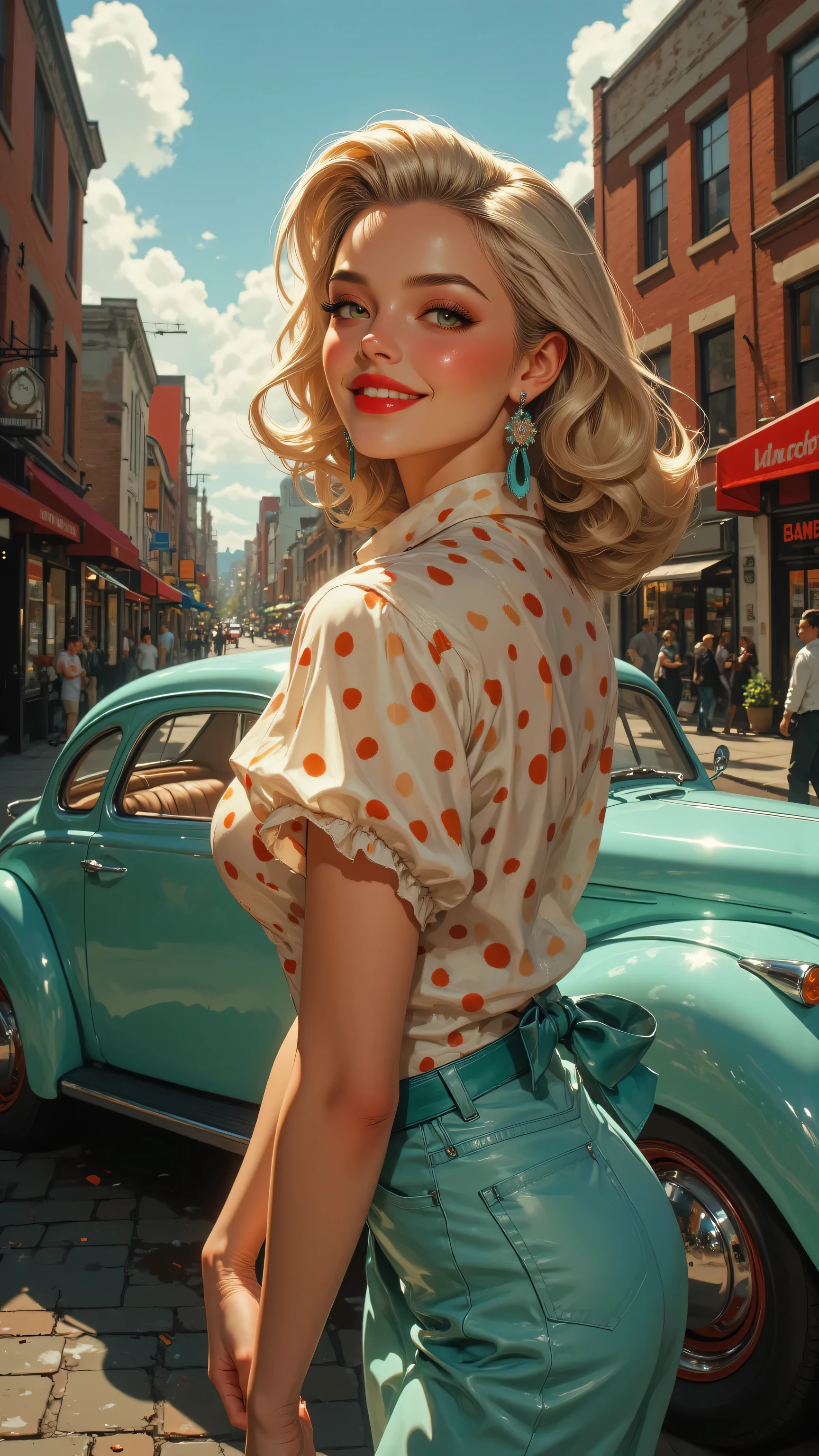 8k, Masterpiece, Top Quality, Woman. 1950s hairstyle. Polka dot dress. Teal belt. Red lipstick. Smiling. Slight three-quarter pose. Classic 1950s setting. Teal car. Brick buildings. Shopfronts.