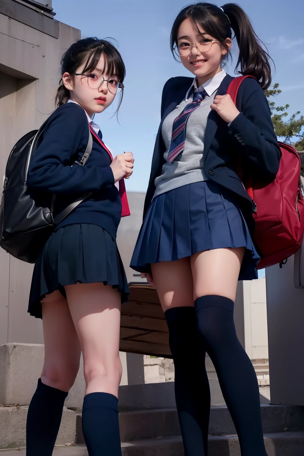 Panties visible from under the skirt, (Japan Female Students:), Big Plans, photograph, Slender, (looking down),(12 years old),(Glasses),(Long Hairー),(Bangs), (((pussy line))), Young Face, RAWphotograph, highest quality, High resolution, (Tabletop) ,(over-kneehighs), (indoor),(photographrealistic:1.37), Professional photographgraphy, Sharp focus, 10 generations,( Young Face), Background Blur、(13 year old female student:1.6)、(Glasses),Japan Female Studentsの制服、cardigan、Black mini skirt、8k resolution, Intricate details, Written boundary depth, Highly detailed CG Unity 8k wallpaper, wet,Front light, Browsing Caution, woman, girl, Beautiful , smile, thin, (Lively poses:1.3), Rear View, Thighs, (Long Hair:1.3), length, Collected from the ground