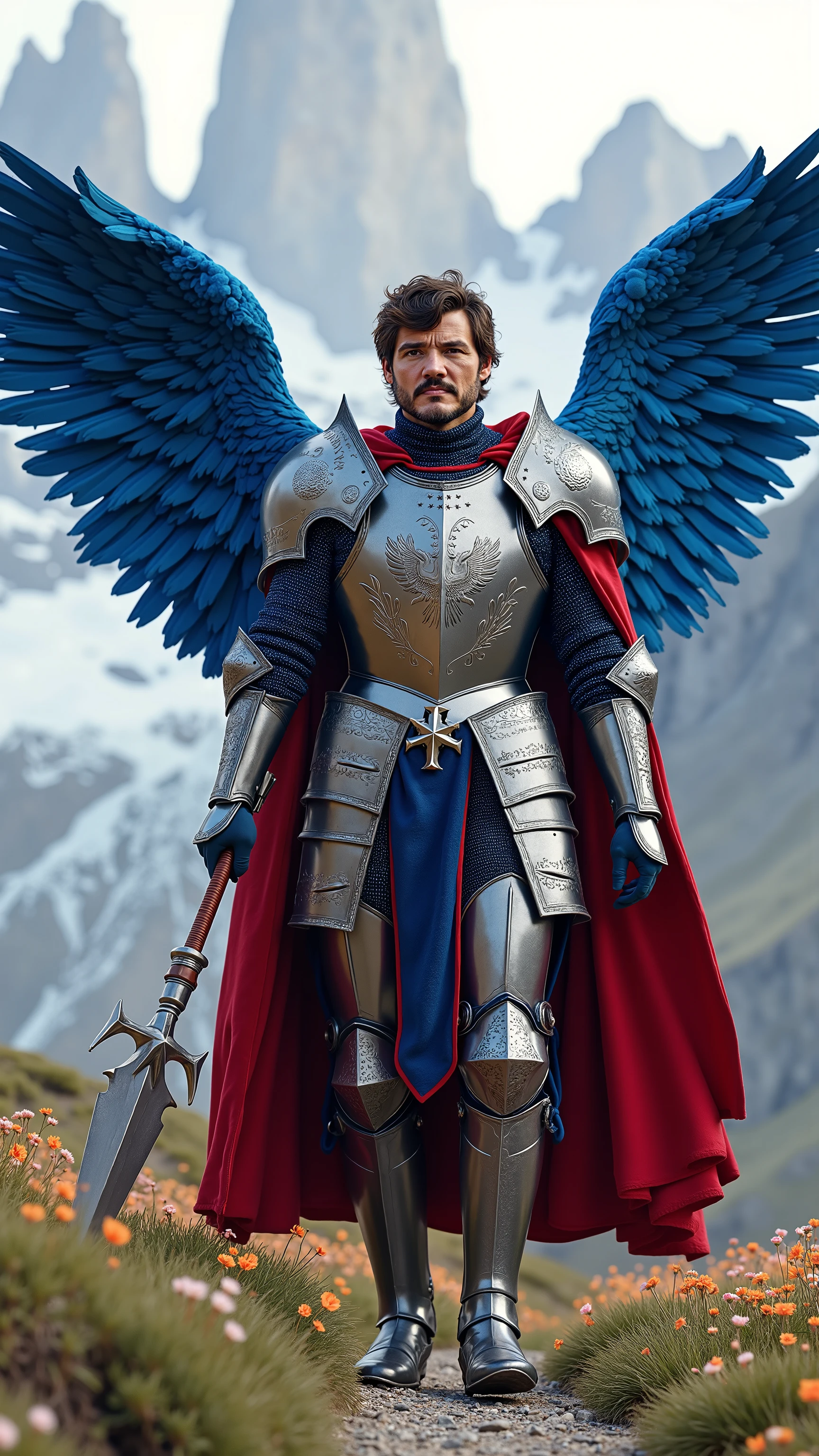 Pedro Pascal reimagined as a knight with huge light blue angel wings with detailed feathers walking and holding a halberd、dramatic atmosphere, 1 male、
He has short, dark brown hair and a neatly groomed beard, with warm brown eyes. His expression is calm yet determined.
He wears a suit of meticulously crafted silver and deep blue armor with bold red and white accents, reflecting the colors of the Chilean flag. His breastplate is adorned with intricate engravings of Andean condors and stars. The pauldrons are shaped like the wings of a condor. Beneath the armor, he wears a tailored dark blue doublet with red and white embroidery. His vambraces are silver with subtle designs of the Andes mountains, and his gloves are reinforced with fine silver inlays. His fauld is layered with silver and blue metal plates, each etched with patterns of laurel and olive branches. His greaves and sabatons are polished to a brilliant shine, enhancing the regal nature of his attire. Draped over his back is a flowing red velvet cape, lined with white silk and fastened with a brooch shaped like a golden star.
His massive, torn light blue wings with detailed feathers extend behind him.
In one hand, he holds a beautifully crafted silver halberd with a hilt wrapped in blue and red leather.
The setting features the breathtaking landscapes of the Torres del Paine National Park, with jagged mountain peaks piercing the sky and crystal-clear lakes reflecting the natural beauty. The foreground includes a path lined with wildflowers, leading towards the iconic granite towers.
Shows his male character's full figure, athletic body, perfect face, full body, extremely beautiful, male shape, perfect anatomy, photorealistic, masterpiece, realistic, high contrast, 8k, HD, high definition detailed, detailed, hyper detailed, realistic skin texture, best quality, ultra high resolution, hyper realistic, no text, very detailed eyes, dramatic lighting
