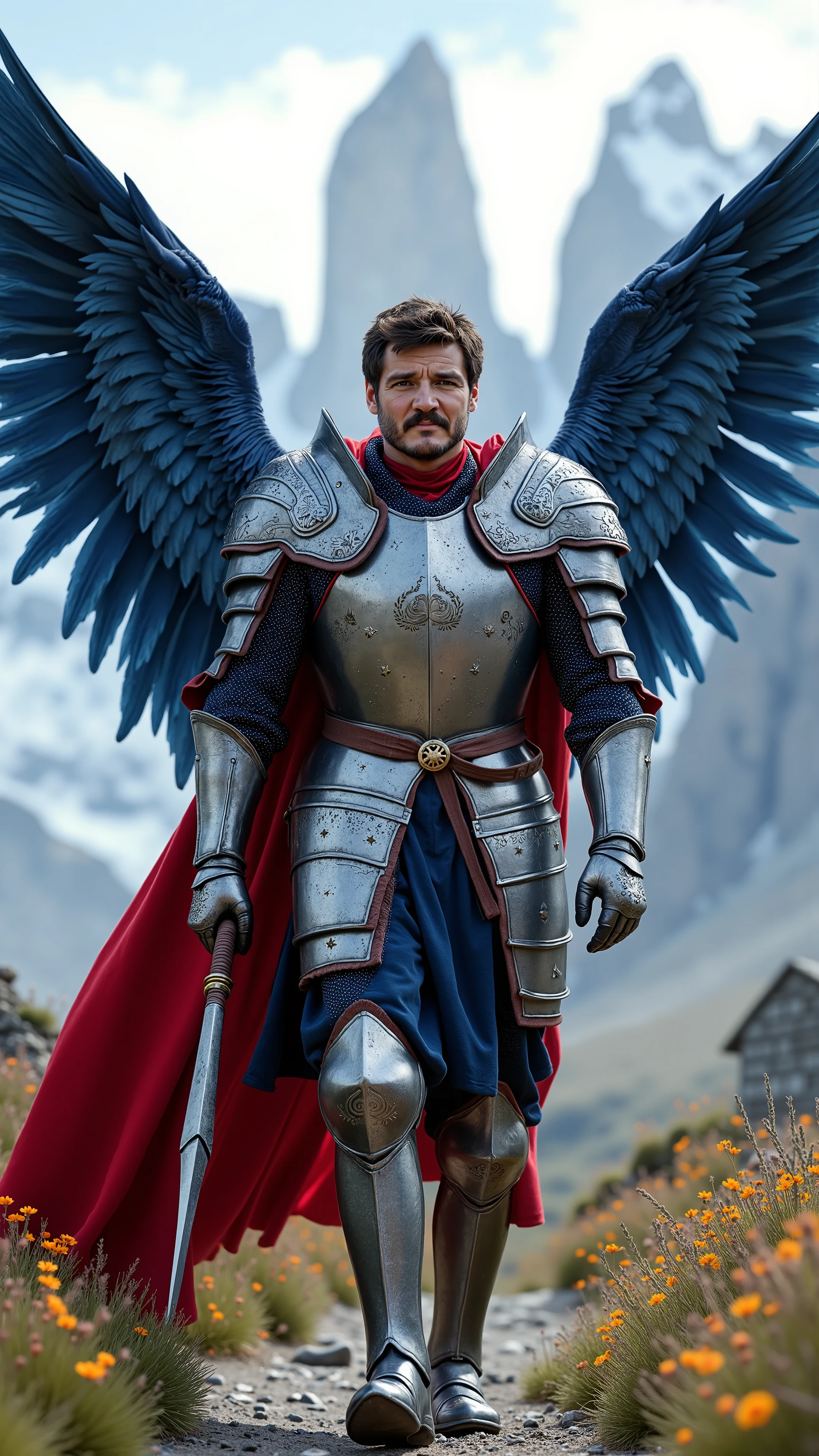 Pedro Pascal reimagined as a knight with huge light blue angel wings with detailed feathers walking and holding a halberd、dramatic atmosphere, 1 male、
He has short, dark brown hair and a neatly groomed beard, with warm brown eyes. His expression is calm yet determined.
He wears a suit of meticulously crafted silver and deep blue armor with bold red and white accents, reflecting the colors of the Chilean flag. His breastplate is adorned with intricate engravings of Andean condors and stars. The pauldrons are shaped like the wings of a condor. Beneath the armor, he wears a tailored dark blue doublet with red and white embroidery. His vambraces are silver with subtle designs of the Andes mountains, and his gloves are reinforced with fine silver inlays. His fauld is layered with silver and blue metal plates, each etched with patterns of laurel and olive branches. His greaves and sabatons are polished to a brilliant shine, enhancing the regal nature of his attire. Draped over his back is a flowing red velvet cape, lined with white silk and fastened with a brooch shaped like a golden star.
His massive, torn light blue wings with detailed feathers extend behind him.
In one hand, he holds a beautifully crafted silver halberd with a hilt wrapped in blue and red leather.
The setting features the breathtaking landscapes of the Torres del Paine National Park, with jagged mountain peaks piercing the sky and crystal-clear lakes reflecting the natural beauty. The foreground includes a path lined with wildflowers, leading towards the iconic granite towers.
Shows his male character's full figure, athletic body, perfect face, full body, extremely beautiful, male shape, perfect anatomy, photorealistic, masterpiece, realistic, high contrast, 8k, HD, high definition detailed, detailed, hyper detailed, realistic skin texture, best quality, ultra high resolution, hyper realistic, no text, very detailed eyes, dramatic lighting