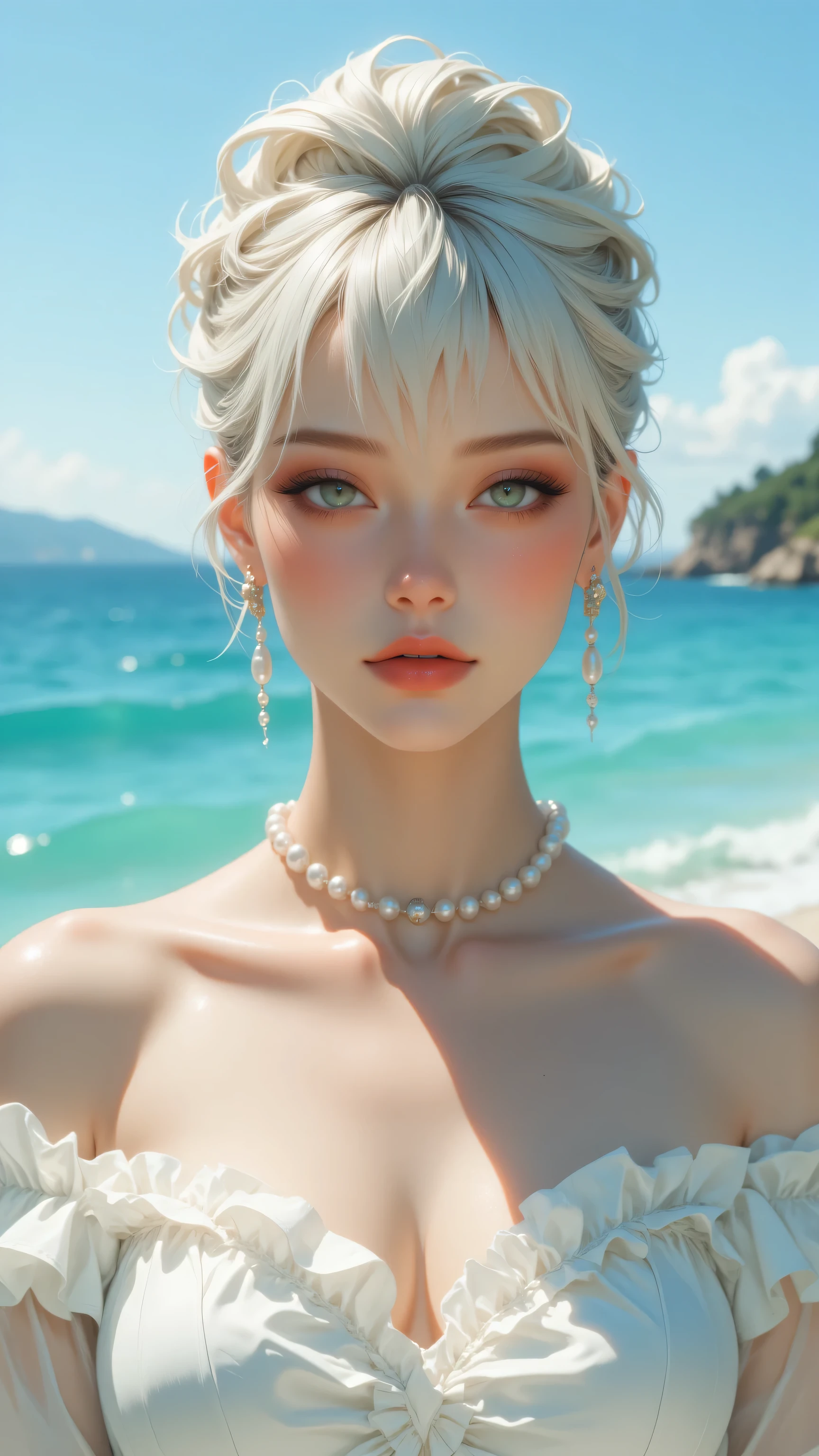 Blond woman with blue eyes and white dress on the beach - SeaArt AI