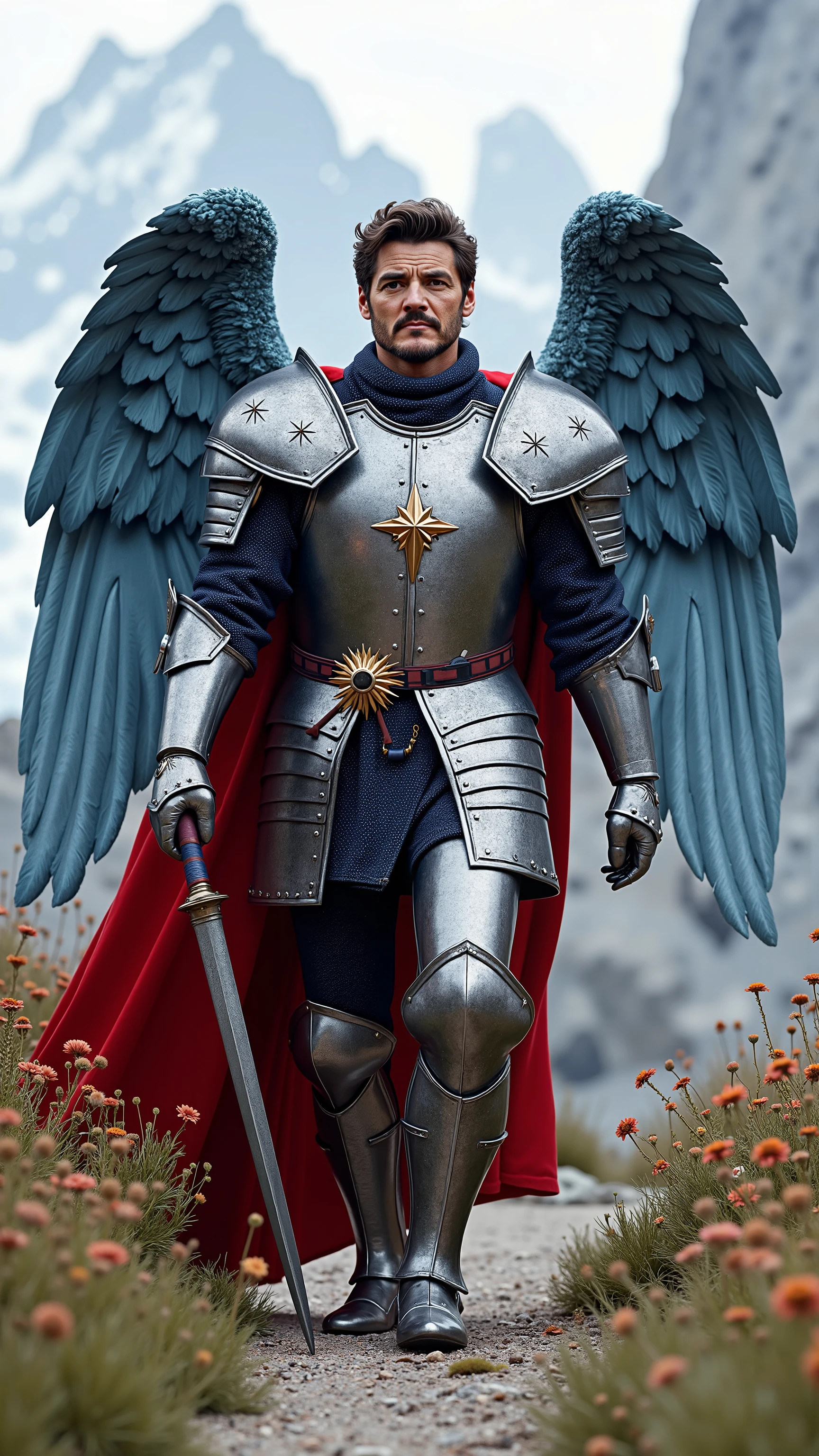 Pedro Pascal reimagined as a knight with huge light blue angel wings with detailed feathers walking and holding a halberd、dramatic atmosphere, 1 male、
He has short, dark brown hair and a neatly groomed beard, with warm brown eyes. His expression is calm yet determined.
He wears a suit of meticulously crafted silver and deep blue armor with bold red and white accents, reflecting the colors of the Chilean flag. His breastplate is adorned with intricate engravings of Andean condors and stars. The pauldrons are shaped like the wings of a condor. Beneath the armor, he wears a tailored dark blue doublet with red and white embroidery. His vambraces are silver with subtle designs of the Andes mountains, and his gloves are reinforced with fine silver inlays. His fauld is layered with silver and blue metal plates, each etched with patterns of laurel and olive branches. His greaves and sabatons are polished to a brilliant shine, enhancing the regal nature of his attire. Draped over his back is a flowing red velvet cape, lined with white silk and fastened with a brooch shaped like a golden star.
His massive, torn light blue wings with detailed feathers extend behind him.
In one hand, he holds a beautifully crafted silver halberd with a hilt wrapped in blue and red leather.
The setting features the breathtaking landscapes of the Torres del Paine National Park, with jagged mountain peaks piercing the sky and crystal-clear lakes reflecting the natural beauty. The foreground includes a path lined with wildflowers, leading towards the iconic granite towers.
Shows his male character's full figure, athletic body, perfect face, full body, extremely beautiful, male shape, perfect anatomy, photorealistic, masterpiece, realistic, high contrast, 8k, HD, high definition detailed, detailed, hyper detailed, realistic skin texture, best quality, ultra high resolution, hyper realistic, no text, very detailed eyes, dramatic lighting