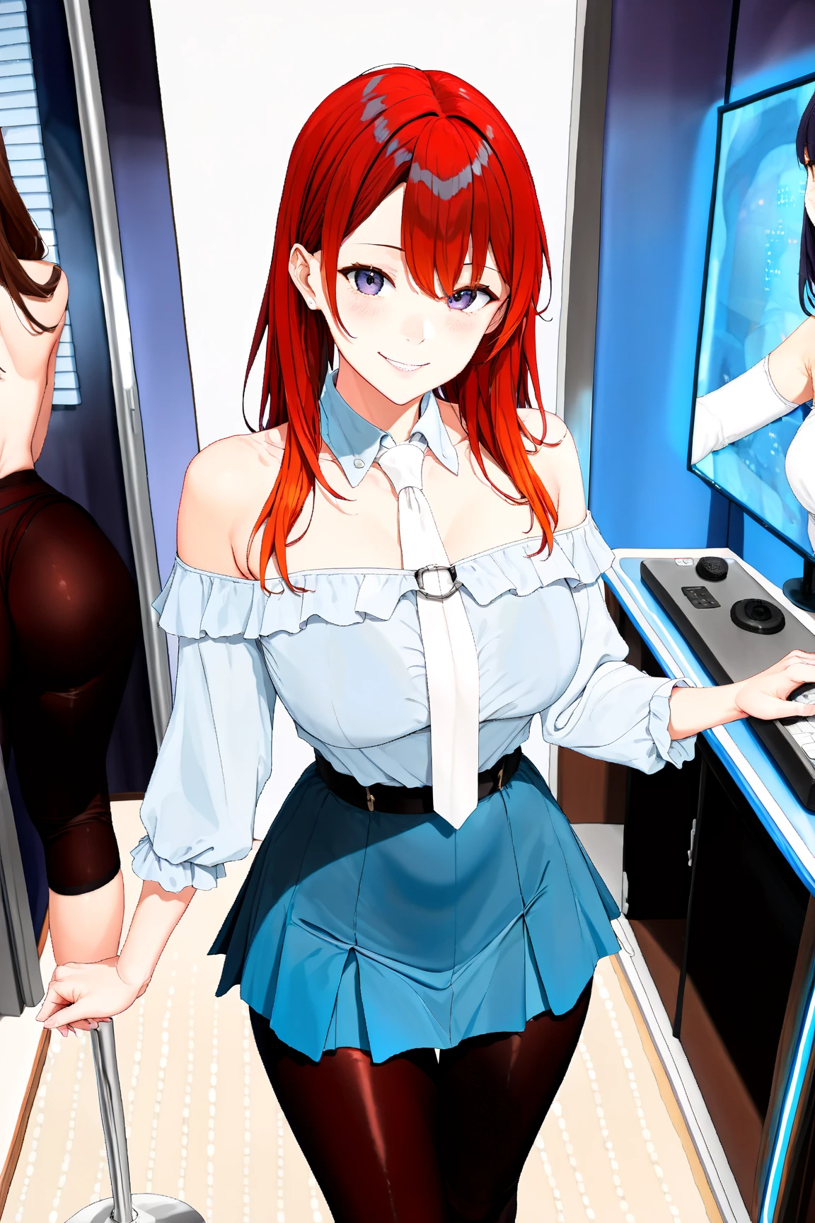 1girll,playgame,From the side,From behind, Red hair,Large display,ogc,playing game