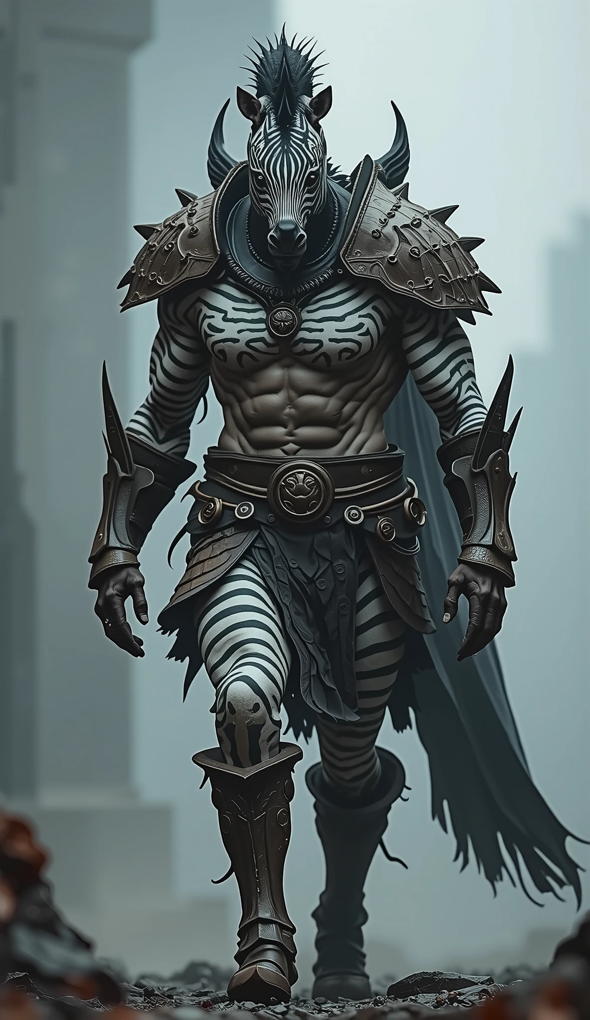 A massive muscular warrior in a zebra form wearing ancient armour walking towards the camera. Muted Color. realistic dramatic highly detailed cool tones