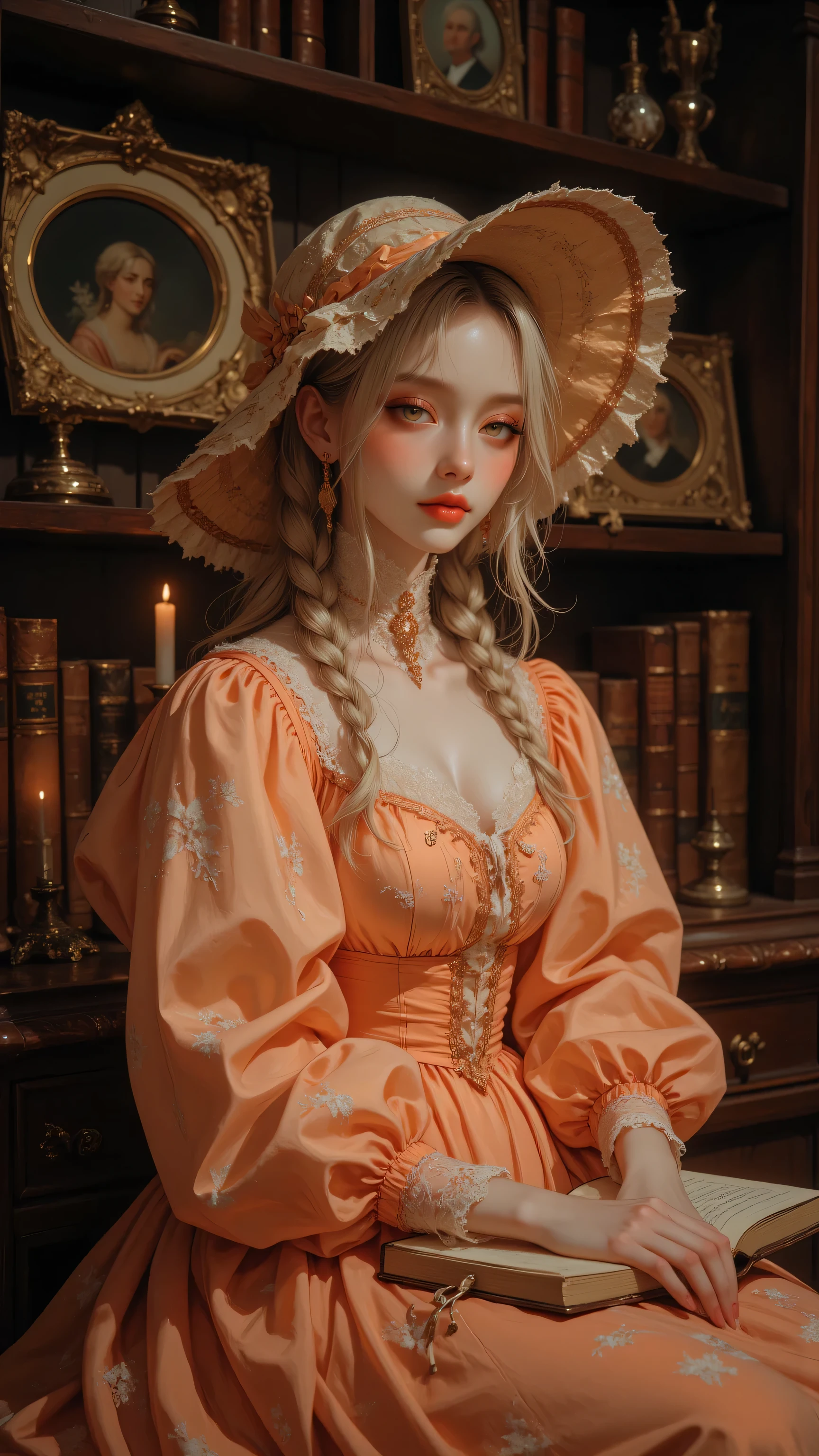 8k, Masterpiece, Top Quality, Close-up, eye-level, fair skin, blonde hair, loose braid, voluminous, soft waves, wide-brimmed hat, peach-colored, subtle makeup, rosy blush, soft expression, peachy-orange dress, puffed sleeves, high neckline, delicate embroidery, laced neckline, dark wooden bookshelf, antique books, framed pictures, library, study, candles, soft warm lighting, romantic, nostalgic