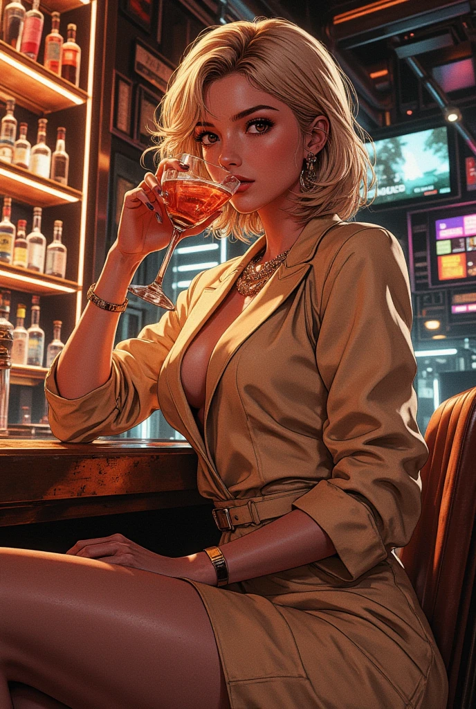 girl at a nightclub sitting at bar, eyeliner (masterpiece) (best quality) (detailed) (8k) (HDR) (wallpaper) (cinematic lighting) (sharp focus) (intricate) blonde hair, biting lip, medium hair, white and gold bodysuit outfit, sexy, blush, aroused, cleavage, shiny , wet skin, girl, dark makeup, (((firing,bullet,gun,light particles))), underboob, gold trench coat, handgun, holding gun, pointing gun