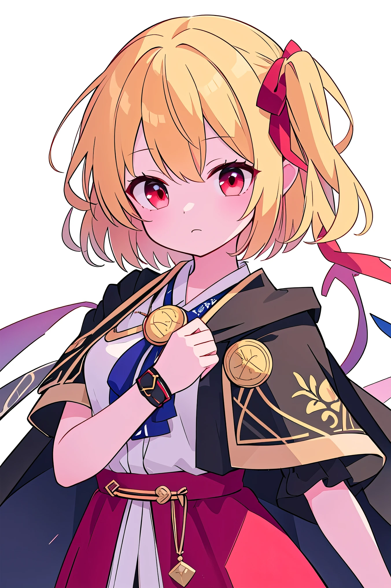detailed background, masterpiece, Best Quality, Expressive、upper body、1Alone、1By people、1Only people、only girl、Flanders Scarlett, , third-tailed yellow hair 、red eyes、 Gold、Short Hair、 short hair、about the age of a female college student、Touhou Project、Costume(Hero)、HeroっぽいCostume、Holding a sword、 having sword ,I'm wearing a cloak、Pure white background、