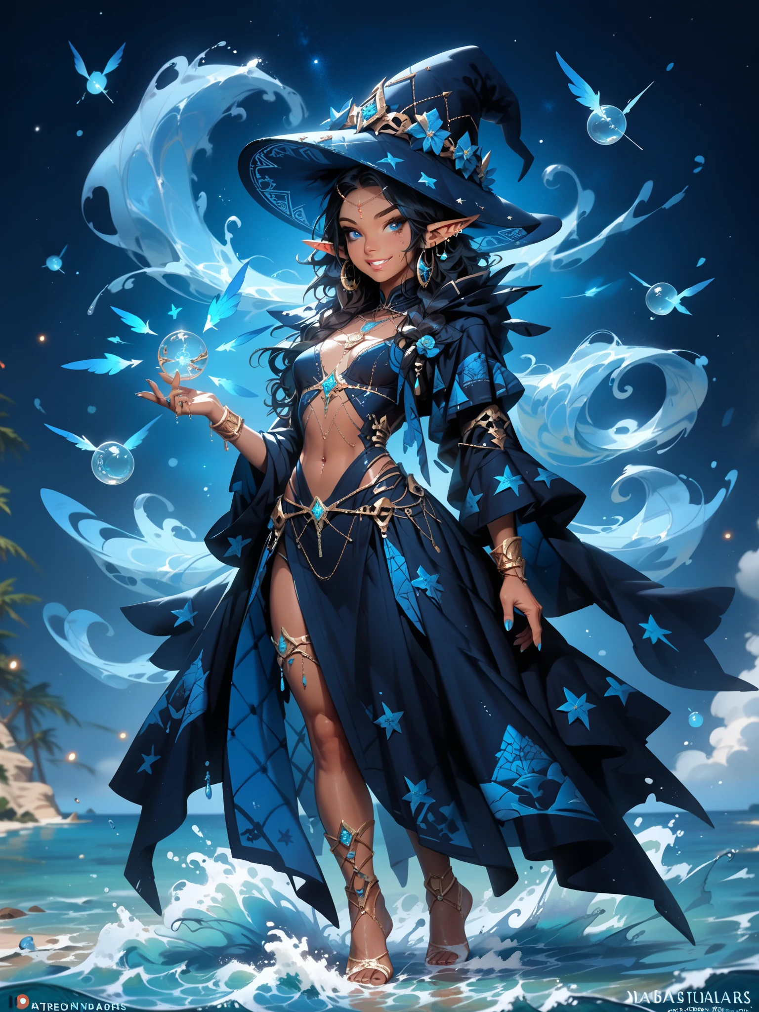 <lora:epi_noiseoffset-v2:0.4> <lora:add_detail:0.9> <lora:style-witchcraftpunkai:0.7> <lora:style-watervfx:0.4> <lora:lyco-envybetterhands-beta2:1.0> (best quality, masterpiece:1.2), ultra detailed 8k cgi character, strong shadows, stunningly beautiful water sorceress, sexy revealing attire, fantasy hydromancer clothes, freckles, detailed glowing cyan eyes, long platinum blonde hair, swept bangs, (style-swirlmagic:0.8), perfect hands, nice hands, floating particles, floating droplets, drops of water, bubbles, cowboy shot, detailed background, detailed face, (witchcraftpunkai theme:1.1), surrounded by swirling water, controlling the water, dynamic pose, mystical, glowing mushrooms, standing in an underground river, cave, (purple:1.1), blue, black, cyan, emotion_smiling512, ethereal atmosphere