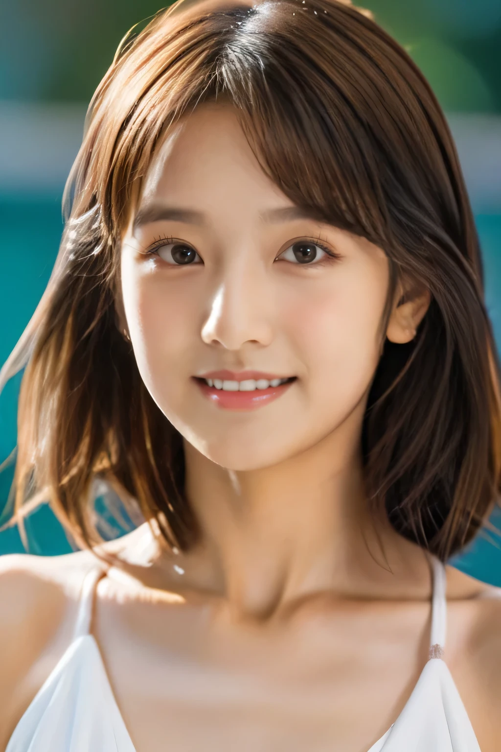 (Very detailedな CG Unity 8k 壁紙, highest quality, Very detailed, Looking at the camera:1.2, The light shines on your face:1.5, Gray background, Professional Lighting), japanese woman, 26 years old, Brightly lit upper body composition of a face. She has an oval face, Soft arched eyebrows, bright expressive eyes,,, pronounced nose, And a friendly smile. Her hair is shoulder-length, straight, Dyed a pale chestnut color. She is wearing a floral swimsuit, Embody her lively and sociable personality