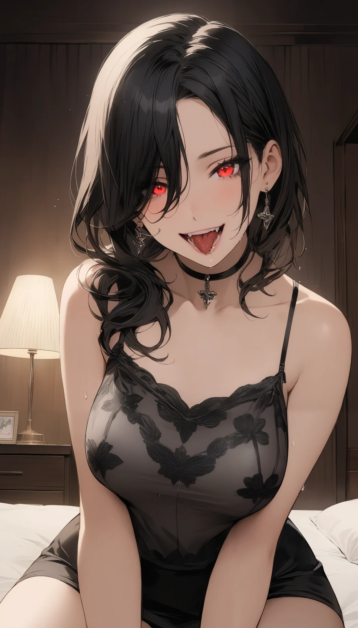 ( masterpiece, Top Quality, Top Quality, beautiful、Midea:1.2), 1 person,beautiful, Anime-style illustration of a girl posing showing off her healthy mother , it's cute, sexy clothes and beautiful and cute、 black hair, girls on the left, mature woman, 40 years old, Speaking Eyes, , bedroom, Deleted, is dripping from the mouth, Starry Eyes, 40s, Mature Woman, miniskirt, Detailed thighs, Fine fingers , Sheer, wet, lying on the bed, dark bedroom, sensual, Proof of Night, camisole, Devil's Wings, Red Eyes, succubus