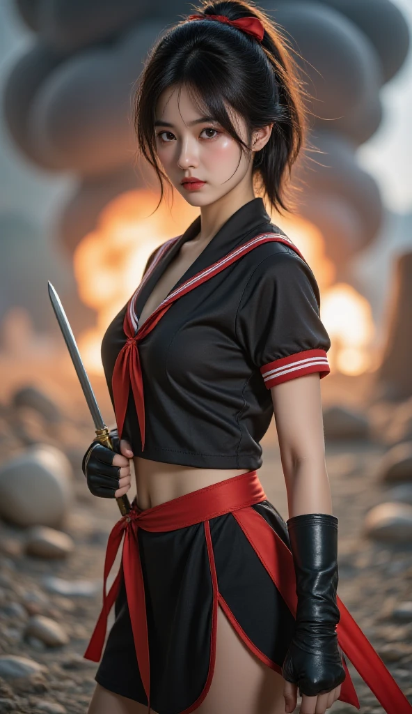 Official art, extremely detailed CG Unity 8k wallpaper, best quality, masterpiece, high resolution, pretty girl ninja, short hair, black cropped top leather armor, brown belt, scabbard on thigh, Japanese sword, leather gloves, black mini leather skirt, black over-the-knee flat boots, tight leather, full body photo, melon face, small face, fell to the ground, skirt leaking, open legs, no panties, blood, bloody scar on the stomach,