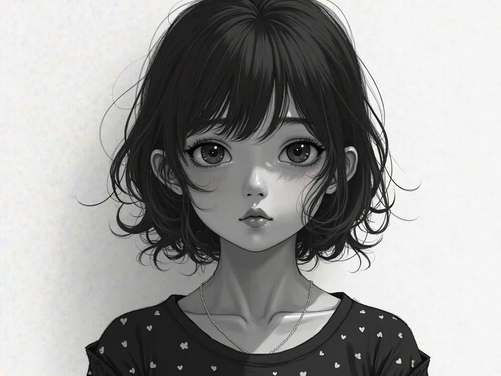 1 boyish girl, solo, bags under eyes, monochrome, greyscale, short black hair, portrait, T-shirt, closed mouth, looking at viewer, sketch, graphite \(medium\), detailed lips, hatching \(texture\), without makeup, bangs, upper body, (best illustration), (best quality), (very detailed), (masterpiece), expressionless,