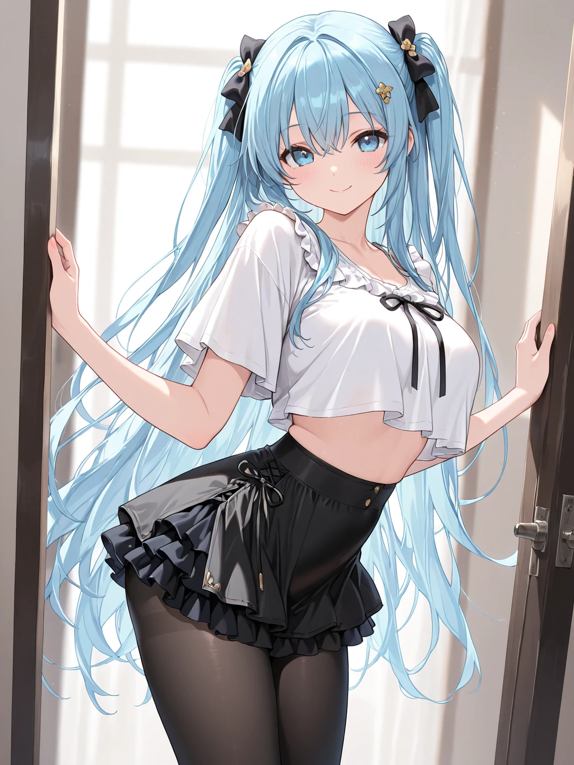 (masterpiece:1.2, highest quality), (Realistic, photoRealistic:1.4), Beautiful illustrations,
Looking at the audience, whole body, Front view:0.6,
1 female, Japanese, ((Light blue hair Long hair:1.5, Twin tails:1.5)), Hair fluttering, bangs, Hair between the eyes, ((height: 167cm, C cup bouncy breasts, Narrow waist, Peachy Butt))
Beautiful Hair, Beautiful Face, Beautiful and detailed, (blue eyes:1.3), Beautiful clavicle, Beautiful body, Beautiful breasts, Beautiful thighs, Beautiful legs, Beautiful fingers,
(Beautiful views), Beautiful concert stage,
((polka dot dress:1.3, Detailed accessories, Best, mini skirt)), White panties,
(Are standing, Lift up the skirt, Grab the hem of your skirt, please put your hand on your chest, Place your hands between your legs),
(Looking at the viewer with a blushing face:1.3)