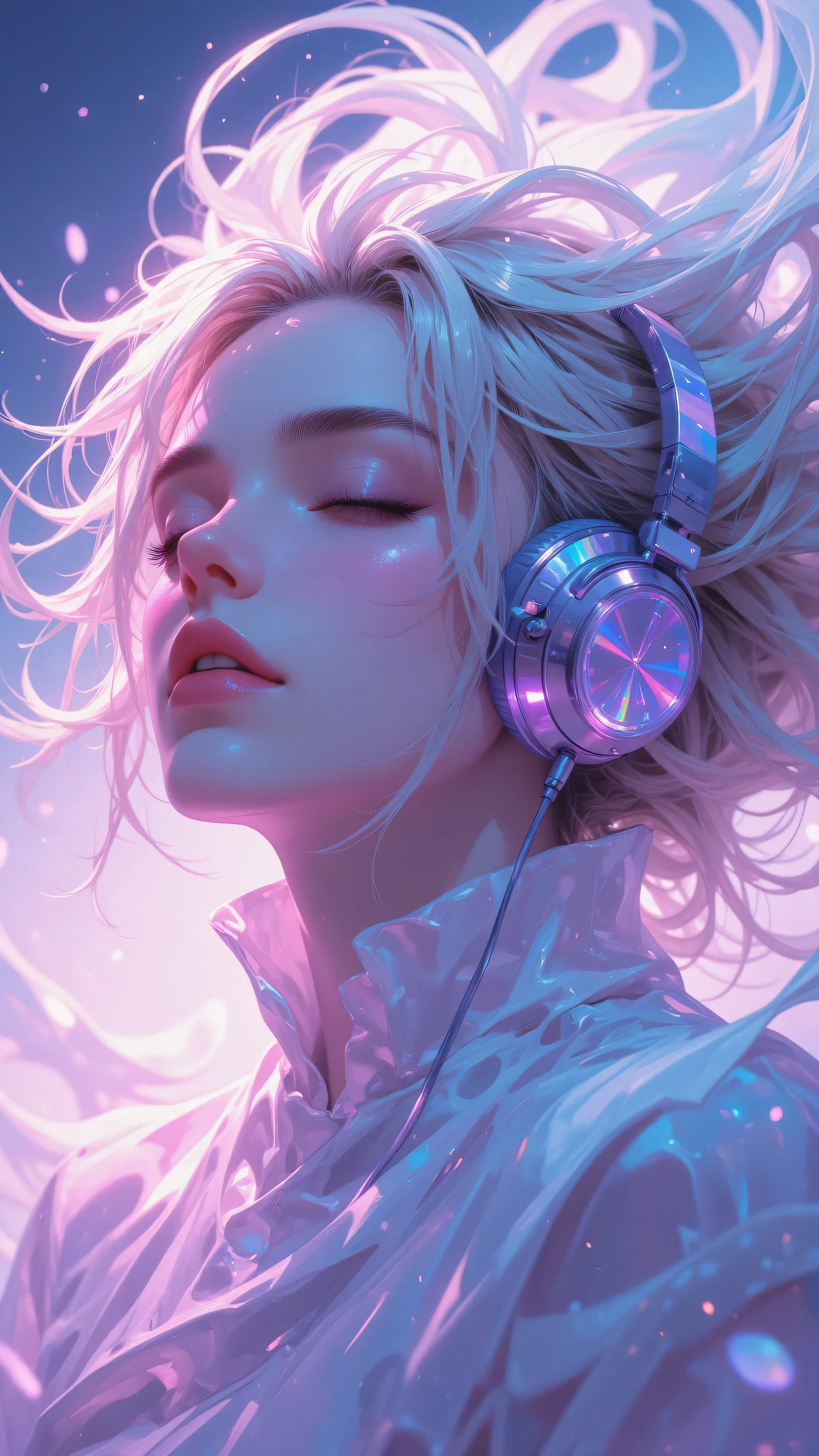 8k, Masterpiece, Top Quality, Low angle, serene, closed eyes, blonde hair, flowing, translucent, iridescent headphones, purple blue, ethereal, peaceful, pastel, pink, purple, blue, white, hazy, musical notes, dreamy, detailed, flowing hair, shimmering particles, soft lighting, digital, fantasy art.