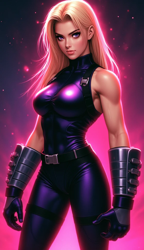 .21 years old woman , long and smooth blonde tone hair, bright and expressive purple eyes, she opted for a mercenary outfit. Booty, busty. Comic style. Marvel comics