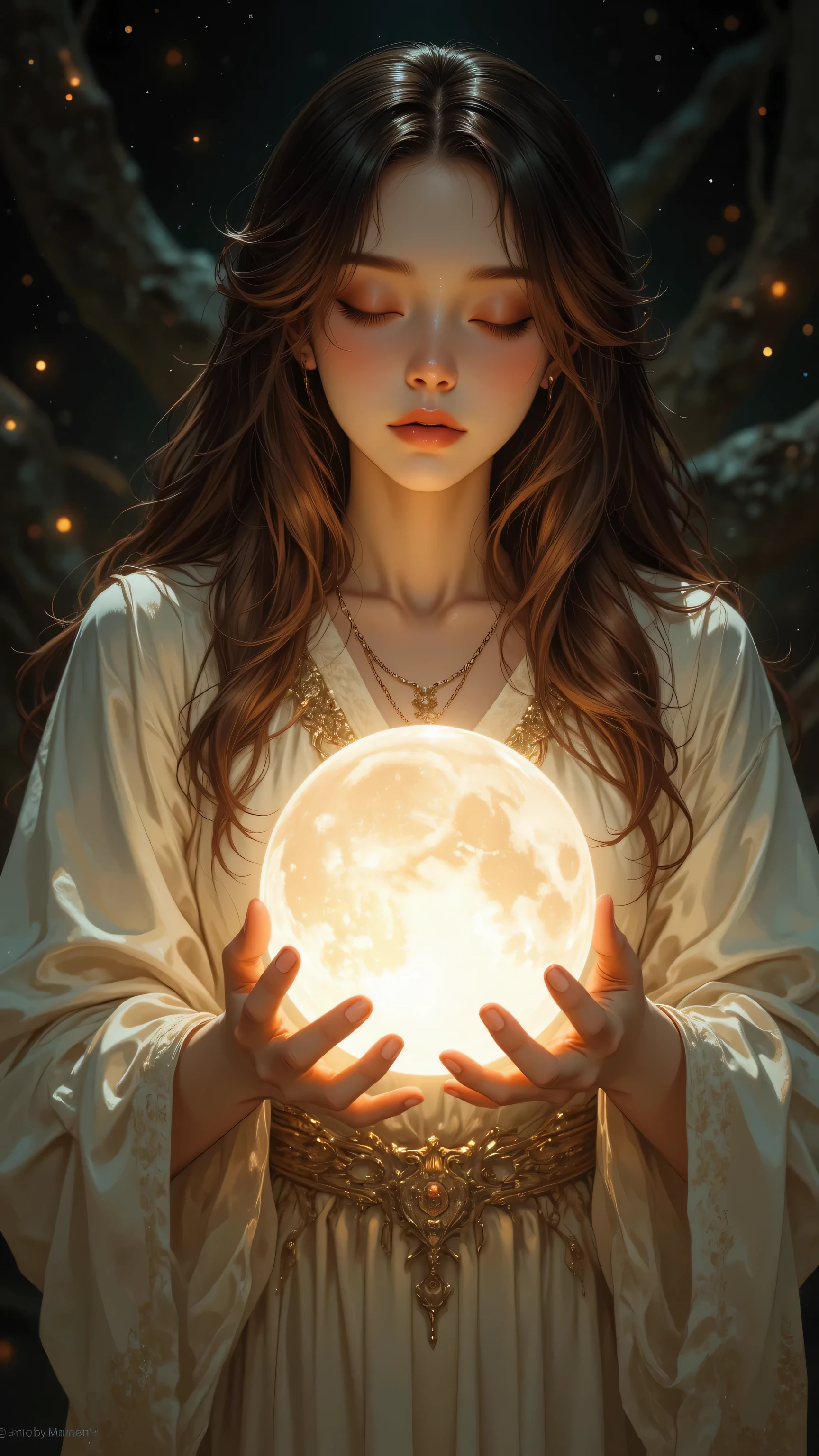 8k, Masterpiece, Top Quality, Close-up, serene, long brown hair, closed eyes, ethereal, glowing, translucent orb, hands, light-colored flowing clothing, dark blurry background, starry, hazy, mystical, calm, peaceful, muted pastel colors, browns, creams, golds, fantasy art, digital painting.