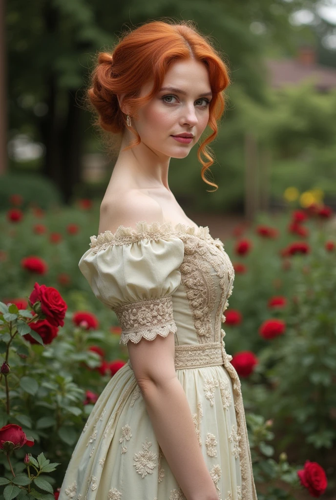 A red-haired girl holding flowers with her hands, wearing a period dress. Bridgerton style