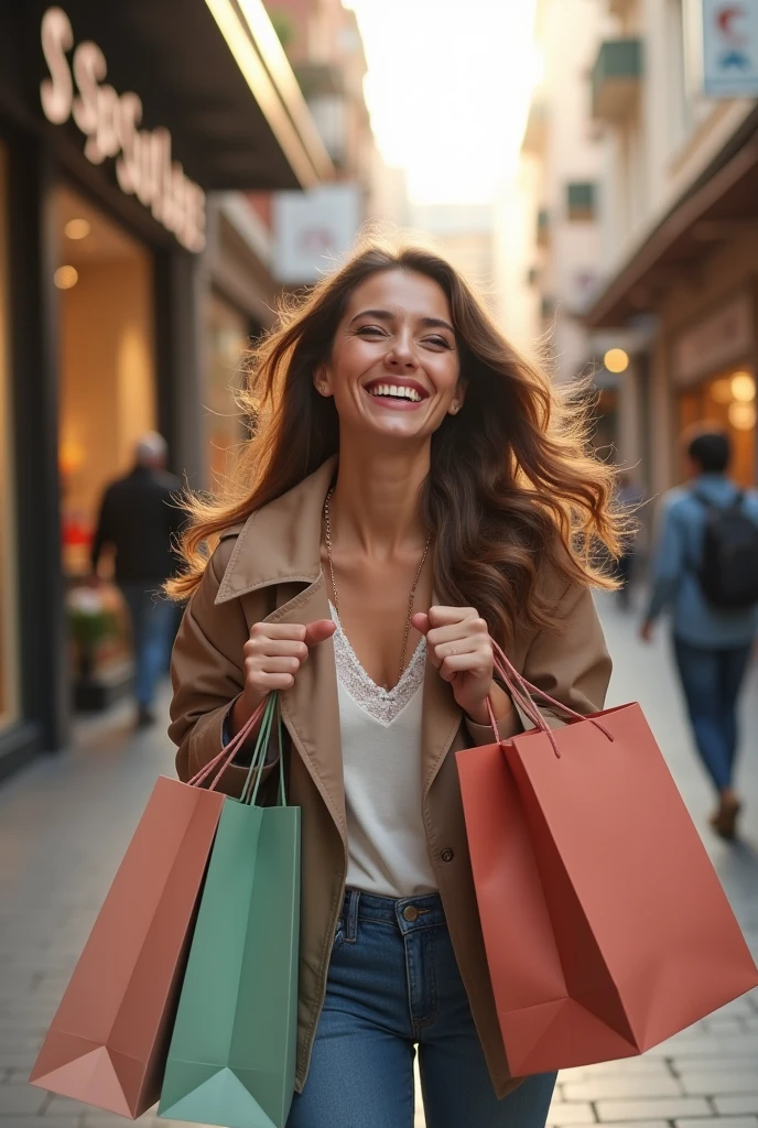 ((masterpiece)), ((best quality)), (ultra-detailed), ((kawaii)), cute, (lovely), ((extremely detailed)), 4K, (8K), best quality, (beautiful), photorealistic, body shot, dynamic pose, urban, summer day, young woman, a pretty woman, solo, college student, shopping, spree stylish attire, bright city streets, joyful energy, colorful bags, trendy shops, (beautiful hair), brown hair, (beautiful eyes), laugh, blush, natural lighting, ambient light, long shadows,