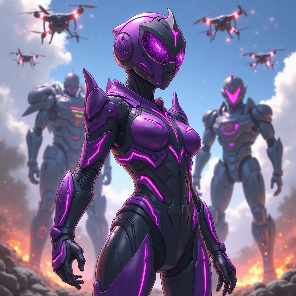 Fundo explodindo das Montanhas Rochosas、Série Super Sentai、Megaranger、Máscara de herói、((big Butt), muscle girl, purple clothes, Escolha uma pose de transformação、((black helmet covering entre face)), 8k, superdetail, Full body views,