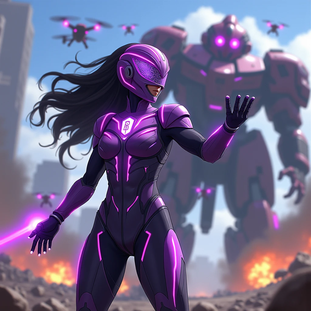 Create a highly detailed anime-style artwork of the Sentai Roxa in her full Super Sentai transformation, a brilliant Black woman from Nigeria now a powerful armored warrior. Her suit is a sleek, futuristic design in shades of purple and black, with glowing neon purple energy lines running across the armor. Her helmet covers her entire face, featuring a visor that displays holographic data streams and a glowing purple emblem on the forehead. She stands in a dynamic, commanding pose, one hand extended as she controls a swarm of advanced drones and a massive humanoid combat robot. The drones hover around her, scanning and attacking with precision, while the robot stands beside her, its glowing purple eyes and energy cannons ready for battle. The background is a high-tech battlefield, with explosions, holographic displays, and enemy forces in the distance. The mood is intense and action-packed, emphasizing her mastery of robotics and her ability to command machines as extensions of her will. The art style should blend anime aesthetics with realistic details, creating a visually stunning representation of her power, intelligence, and heroism.