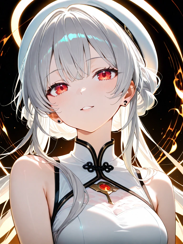 Anime girl with long white hair, White-haired deity,, Anime Goddess, Anime cute art style,Attractive anime girl, Place your right hand on your chest，Look at the camera，Orange in the left eye，White right eye