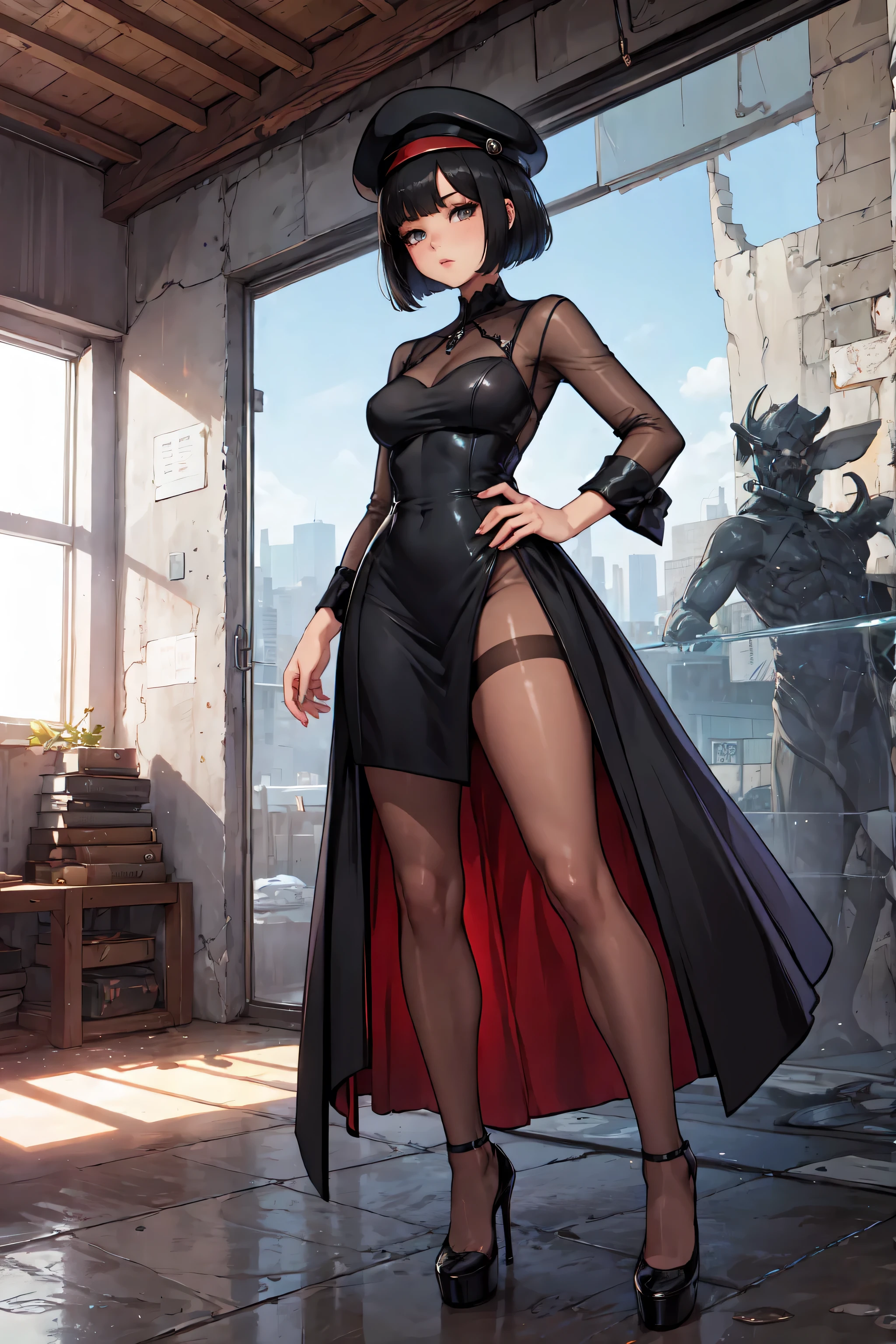 ( wearing a loose, oversized jacket that rests on her knees ),gorgeous, masterpiece, best quality, high-resolution, finely detailed, extremely detailed and beautiful, distinct-image, 1 girl, 16 year old teenager, solo, sharp facial features, oval shaped face. cherry pink lips, lightly tanned white skin. velvet-colored eyes, C-cup breasts, tall height(175cm), slim yet chiseled body type, short shoulder length dark violet-black hair, slender waist, long and slender legs, curvy yet slim body, elegant five star hotel setting in modern times, rear view,