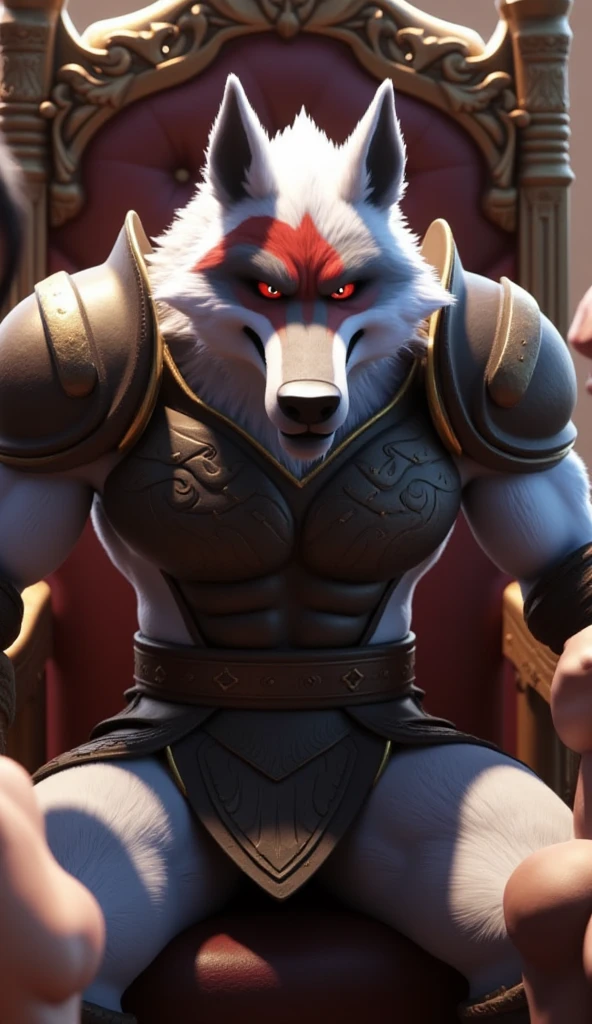 gray crying wolf、angry expression、gray fur wolf、wolf face and body、tied to a chair with a rope、abnormally developed muscles、silver mane、Belly so hairy that you can't see the skin、large amount of pubic hair、Hair around the navel、Overflowing armpit hair、golden eyes、huge bulge in the crotch、Crotch about to burst、A large amount of drool overflowing from the mouth、Composition looking down from above、drenched whole body、a large amount of spilled milk、very large amount of white slime、A white loincloth that is about to be taken off、gold necklace、jewelry bangles、decorative armor、Huge penis outline、royal palace background、sparkling effect、sideways face