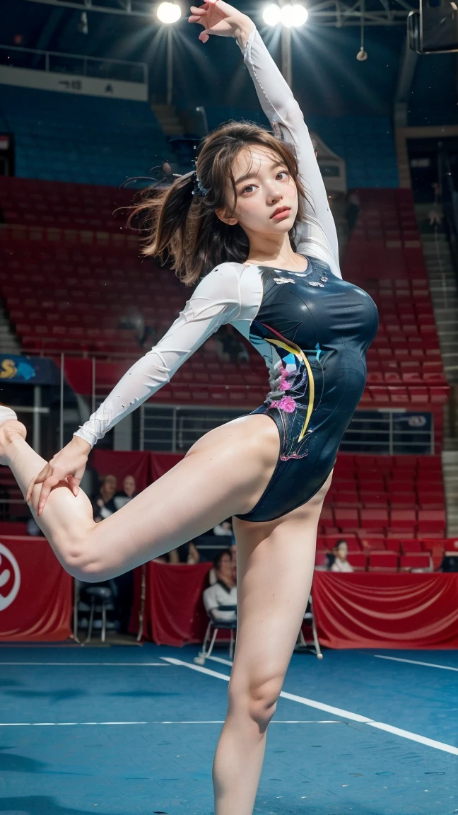 (((Flexibility gymnastics:1.3))),Smile full of happiness、((Looks happy:1.3))、kindly smile、Panting face、Lacking、Sweating、Expression in a state of excitement、short-hair、((eye glass))、Genital exposure、(((The crotch crack is fully visible......:1.3)))、１８Old Beautiful Girl、女の子1人、独奏、White polo shirt、White sneakers、Tennis Wear、White mini skirt、​masterpiece、top-quality、realisitic、Hyper-detailing、(Glossy skin、be sweaty:1.4)、absurderes、Looking at the camera、short dark hair、Brown-eyed、A slender、动态照明、hight resolution、foco nítido、depth of fields、A detailed eye、Sharp eyes、Realistic eyes、(Taut:1.6)、(thick thight:1.0)、chest opens wide、 Almost visible