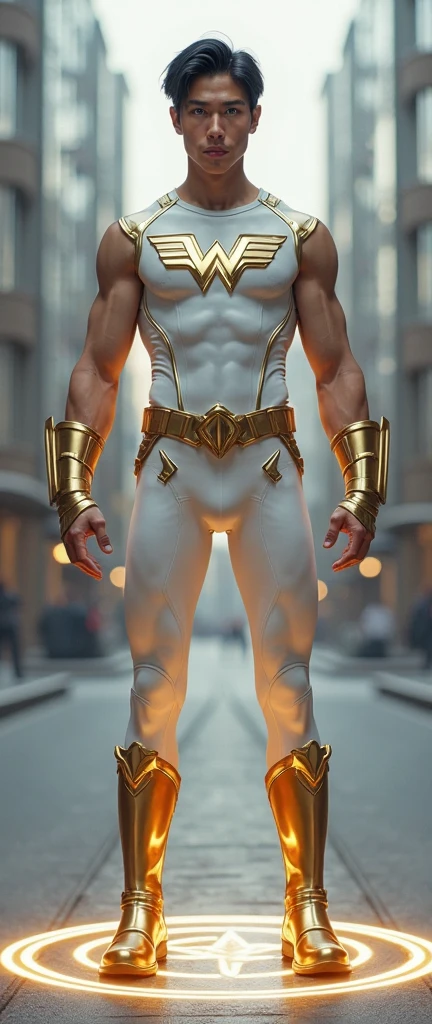 Full full Body photorealistic 4k, high resolution, catboy, cats ears,, ,best quality, masterpiece, perfect color, perfect shade, perfect lighting, Posted by e621, ((portrait)), ((handsome man)), perfect male figure, Short hair details,chest muscles,abdominal muscles,Nakedness nudeness torso,wearing a white underwear walking on the runway for fashion show ..Detailed face, perfect face, (stood up), Detailed background, ((Bonifasco Lighting)), (delicate eyes),((green armor)),((animal ears)),white hair smiling