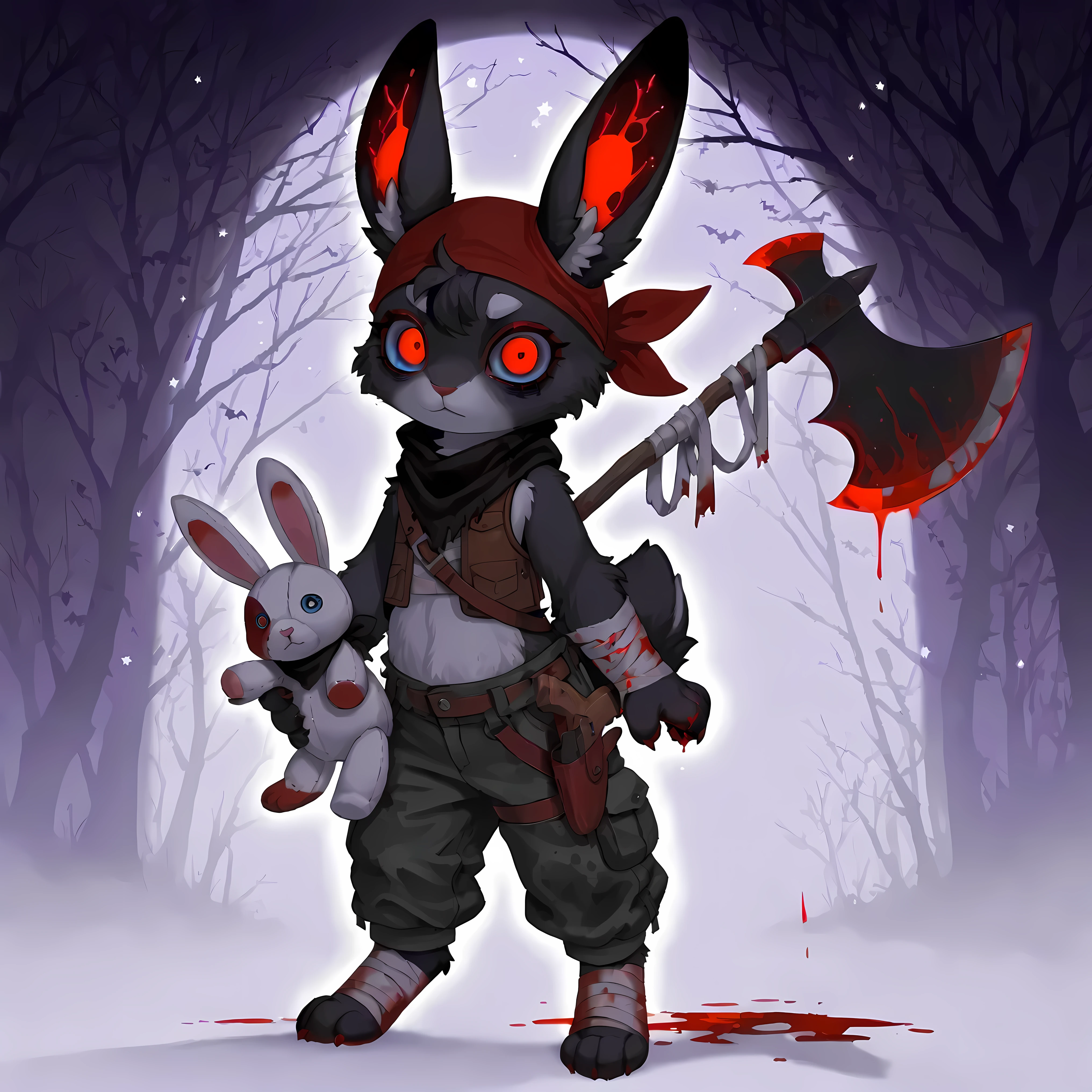 By silverfox5213, half living plushie rabbit, mystical rabbit, (creature), plushie_lining, female naked solo, fluffy, furs, wearing red_bandana cap, black_scarf, soft furs, separate color tone, full body in picture, (nighttime, dark haunted_trees), dark, star lights particle, glow in the dark, glowing red_eyes, wearing wraps, brown leather straps vest, cargo_pants, blood splats on paws and floors, bloody plushie, suspense spotted viewer enviroment getting dark, staring viewer with horror intent_killing, (holding white_plushie rabbit with blue eyes), stained with blood axe holster on_back, (plushie_rabbit wear Cream large brim hat), (bagging under eyes and less blood_tears),