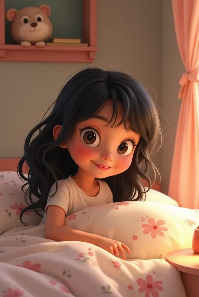 Generates a Disney Pixar type image of a white girl with black hair getting up or waking up from bed 


