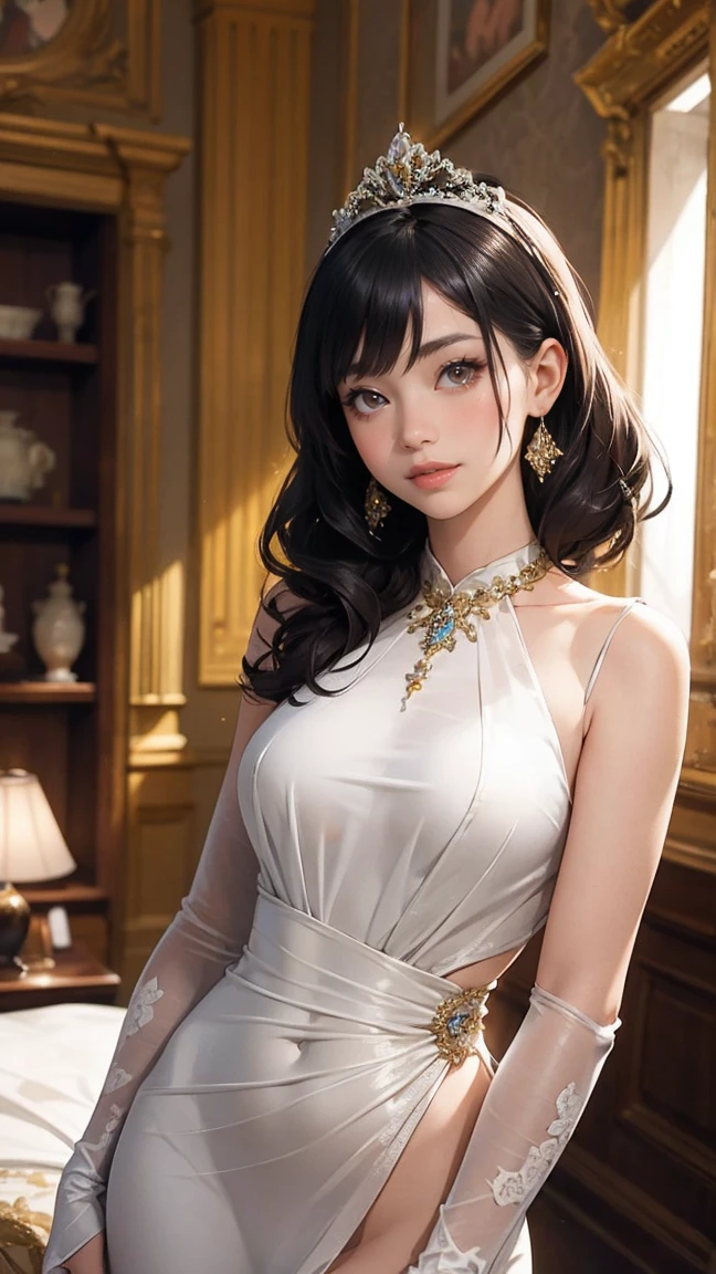 araffed asian woman in a white dress sitting on a bed, gorgeous chinese model, cute elegant pose, beautiful asian girl, elegant japanese woman, gorgeous korean young woman, graceful poses, Beautiful Korean Woman, stunning elegant pose, elegant seducing pose, goddess of Japan, Smooth translucent white skin, Beautiful young Korean woman, trending at cgstation, beautiful alluring anime woman，Plump breasts