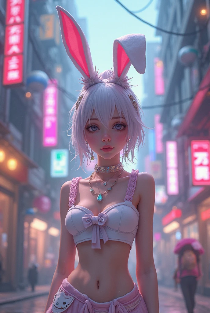 sfw, Bunny Girl, A girl, 18yr, Tiffni blue hair, Tiffni blue hair, short hair, (with metallic rabbit ears headband: 1.2), full body, (delicate features: 1.5), wearing a dreamy surrealist created skirt, the color of the skirt is Tiffni blue and pink gradient, surrounded by pink marshmallow like coral, dancing above a few pink dotted with black butterflies, the overall environmental tone is Tiffni color, surrealist style, art photo, Wonderland, Tiffni's Dream, pastel dream, wearing bra,((skinny waist)), young asian girl, ((big breasted)),