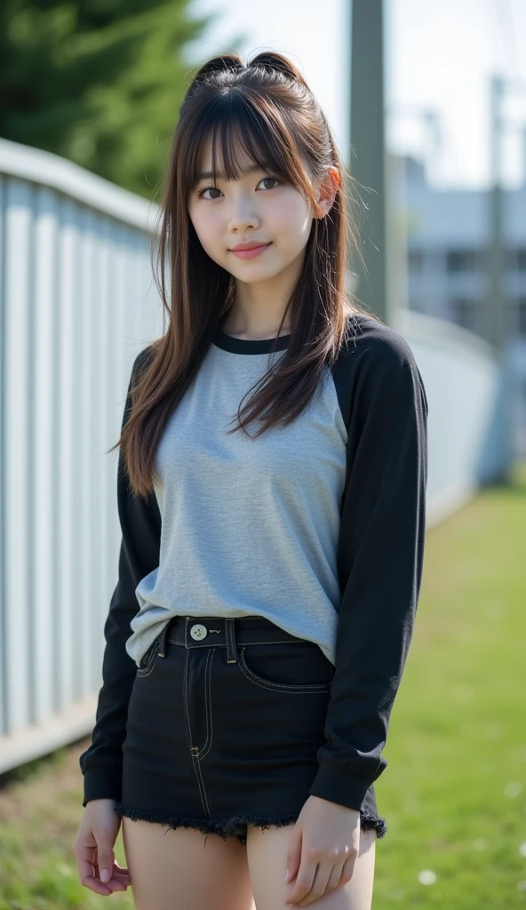 ((Best quality, 8k, Masterpiece :1.3)), 1girl, smiling, face in profile 、full body, slim face, Pretty woman, (Dark brown hair), Casual summer clothes :1.1, Ultra-detailed face, Detailed eyes, Double eyelid, blur background, slim face, city, outside, street,