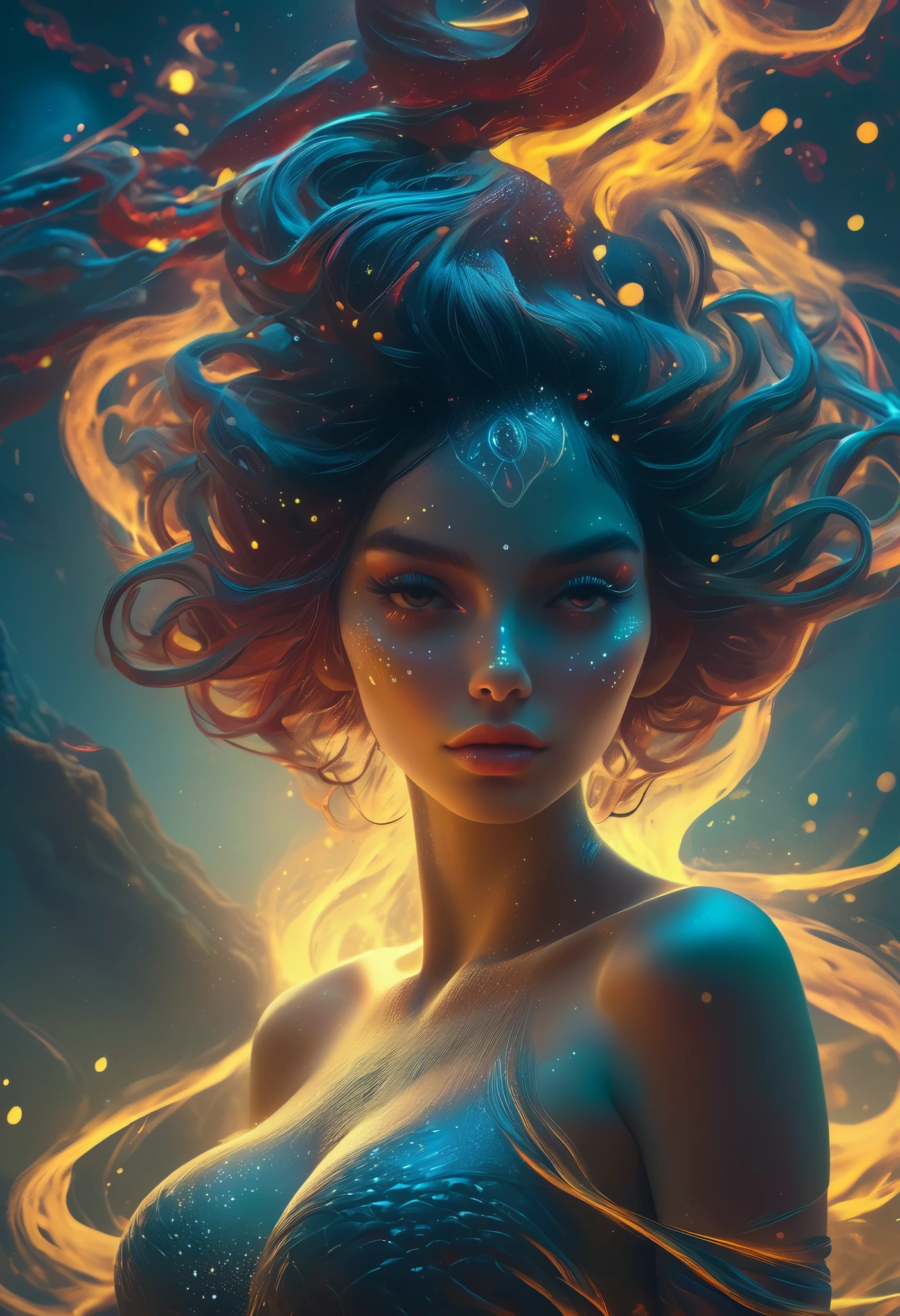 from the depths of the universe, A female demon appears, Her expression is intense and furious，Her pale skin and dark background shadow match the power and energy sparks of splashing, with a thin long tongue，( Extra long tongue ) ，Her body is snake-like in length The scales,Yellow scales， Her flowing golden hair drooping like a waterfall, Waves roll over. Her eyes twinkle in ominous red, Her paws are sharp and merciless. ((Real Lighting, Best Quality, 【8k, masterpiece: 1.3)), clear focus: 1.2,  1 woman with an umbrella,  Perfect Body Beauty : 1.4, slim abs: 1.1, (( Dark brown waves Short hair ,messy hair， Only the hair ends are dyed in silver ...， Big Breasts: 1.3)),A dark air around her, creates an ominous atmosphere. This demonic entity stands against the backdrop of a universe filled with stars and galaxies, A celestial landscape full of mysterious energy and luminous aura. She spreads an extraordinarily desolate beautiful，are both cursed and mesmerizing, Her tongue and scales are essentially serpentine. Her glowing red bat wings，decorated with intricate black magic patterns. jagged mountains that mark out her silhouette, A mesmerizing glowing forest and twisted trees surround her. phosphorescent flora and fauna, a blood-red moon, Unforgettable and deceptive beauty. Women with maneuverability and superego Natural power, Her charm is mysterious and alluring, Powerful and wild. She is awe-inspiring, a fusion of Gothic and surrealist art styles. Bright contrasting colors, The black and red palette depicts the scene. Dramatic lights and dark shadows play a role in this light and dark picture creating a spark of electricity and energy that smacks.