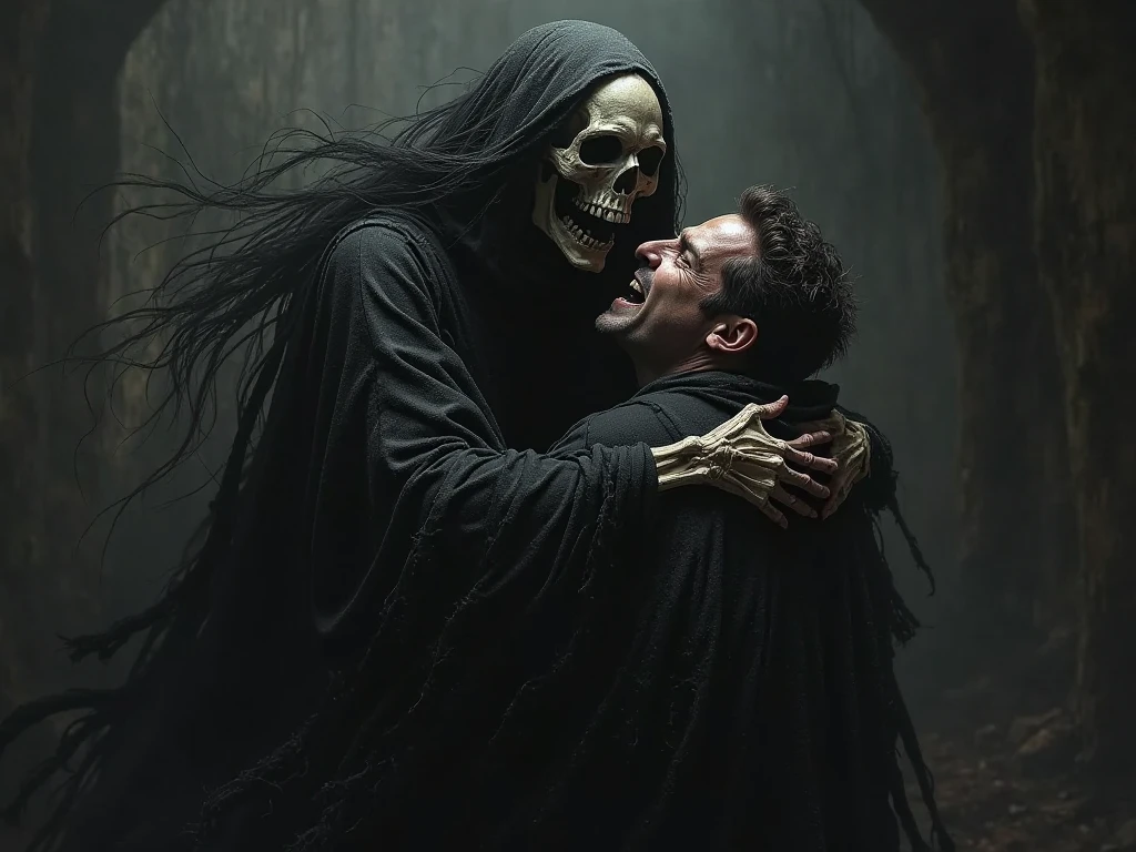 A 40-year-old priest with a terrified expression is desperately trying to pray. He is shown from the side, with a possessed and horrifying woman leaning out from behind his shoulder. Her grotesque, demonic features and hollow eyes make her presence unmistakable. Her skeletal, claw-like hands grip his arm with a sinister force. The atmosphere is intensely creepy and oppressive, with a dark, shadowy background and minimal, eerie lighting to enhance the feeling of dread and horror."