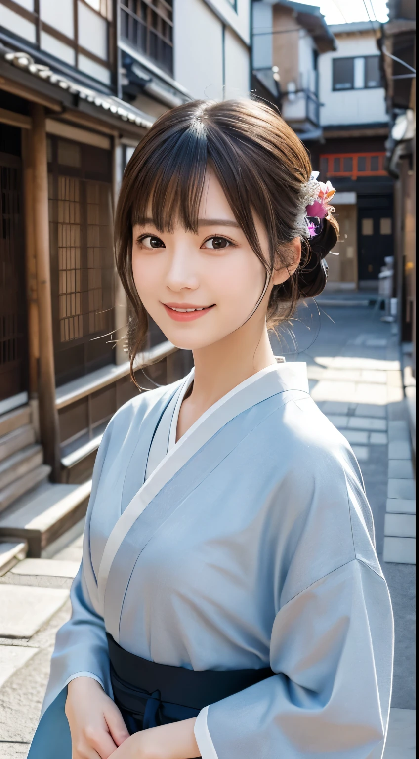 Professional Lighting,(Realistic:1.4), (Top image quality:1.0), (超High resolution:1.0), 8k, Raw photography, (masterpiece:0.2), (Dealing with the Children_v1:0.5)、(最高quality Detail:1.2)、Realistic、8kウルトラHD、High resolution、(1 girl:1.2)、超detailedな、High quality textures、複雑なdetailed、detailed、Very detailed CG、High quality shadows、detailed 美しく繊細な顔、Beautiful details and a delicate eye、(Symmetrical eyes:1.2),Written boundary depth、Ray Tracing,1 girl, Japanese Girls, (Natural smile:1.4),cute, thin, Portrait of a beautiful Japanese woman in a kimono, Standing elegantly on a street corner in Kyoto. Kimono with vibrant traditional patterns, Hair decorated with elegant and delicate hairpins, Gentle expression. (With the old streets of Kyoto in the background:1.4)、The soft light of a spring afternoon、Adding tranquility to the scene. Rendered in a Realistic style with great attention to detail, High resolutionの画像.Sky Porn, Magic Hour, (Realistic:1.3), finely, quality, (Tabletop:1.2), (Realistic:1.2), (最高quality), (複雑なdetailed), dramatic, Ray Tracing, photograph, +roller