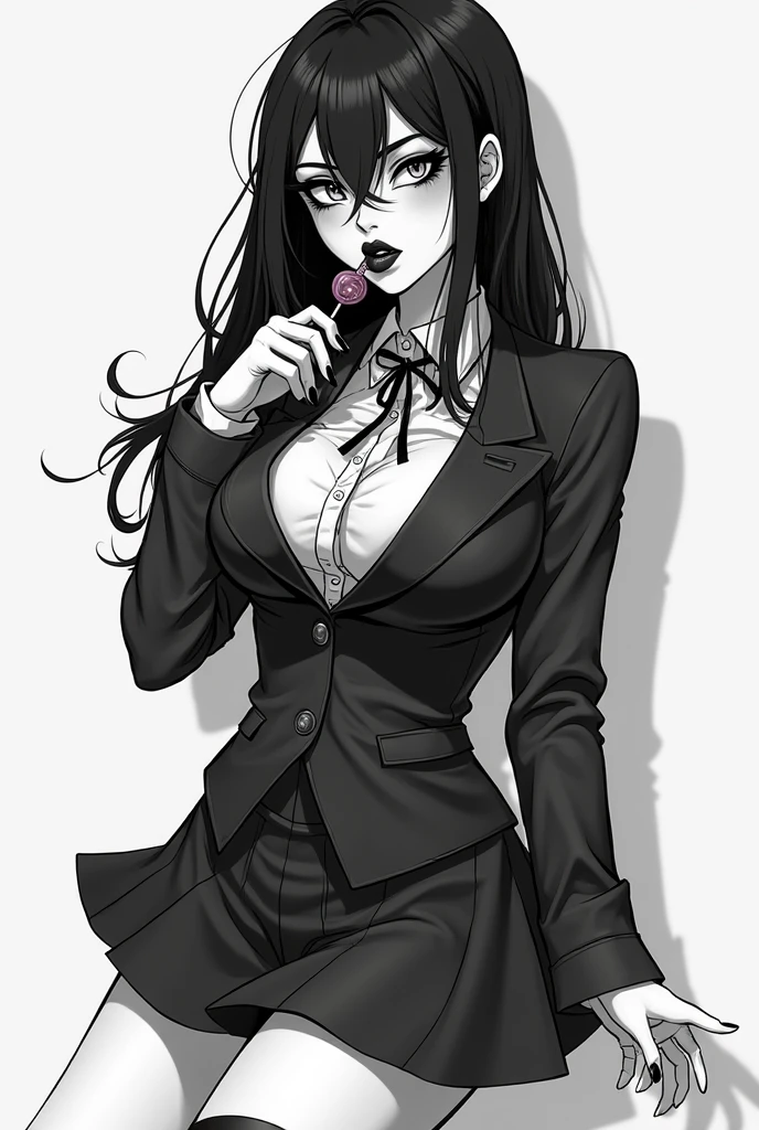 (beste-Qualit), (tmasterpiece), (Gloomy color scheme:1.5), ((Close-up of a girl in a suit)), 1girl in costume, androgynous vampire, junji ito 4 k, with long dark hair, ito junji art, style of junji ito, Dark Costume, portrait of sadako of the ring, Gentle androgynous princess , Beautiful androgynous princess , with her long black hair, girl in suit, (big yellow eyes:1.3), fangs, detailing, (generous cleavage), Burst breasts, extra high resolution, 8K, (The blood on her lips runs down her neck), (Lovely Medium Breasts), perfect anatomy, (Gloomy color scheme:1.5), (shapely body), Microthongs, Beautiful slender legs, white socks, Short socks, sexypose, (Hands Behind Your Back:1.2), (Looking down), (The gaze is directed downwards),