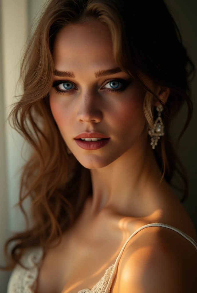 Best quality, Masterpiece, ultra highres, (photoreallistic: 1.4), Photo brute, 1fille, off-the-shoulder, lighting cinematic, Poses de baisers, heterochromia, cheveux blancs, cheveux blancs