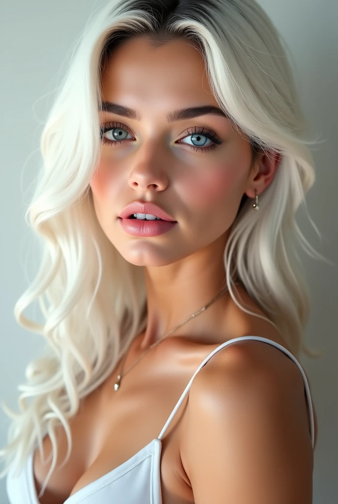 A pretty blue-eyed Instagram model with very long straight snow-white hair and a realistic natural golden-tanned complexion on an oval face. You can see her whole body as she shows off the most beautiful erotic exotic outfit. She will be driving the boys wild when she arrives at the club.