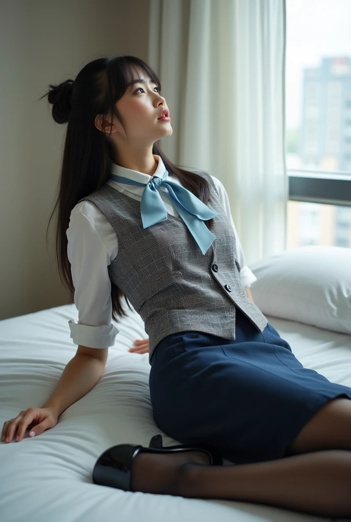 (((On the bed at the love hotel:1.35)))、(((sleep:1.35)))、(((Spread your legs wide:1.35)))、(((mini skirt:1.35)))、8K, Highest quality, The real picture, Intricate details, Very detailed, Ultra-high resolution, Depth Field,(Realistic,Realistic:1.2),Tabletop , Front shot , Shot in a fashionable café , girl, とても美しい17歳のgirl, Innocent big eyes,、Beautiful breasts:1.5、Very detailed目:1.2)、Wavy Hair、Curly Hair、bangs、, Perfect Skin, Fair skin, Tight waist, A slight blush,  View your viewers,((School_uniform),(blazer), (White shirt、Wear a tie), (Grey pleated skirt), (Sculptural installation :1.1), Urban cafe space, Customers enjoying the cafe