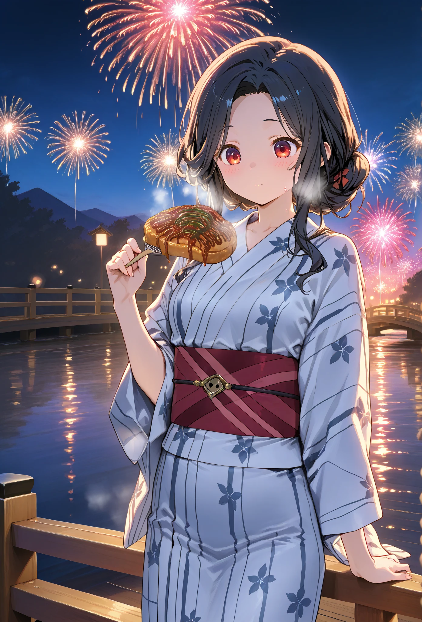 Animal ears girl Floral kimono Big Breasts Night view firework Hot Dog Hold in mouth Turn around Black Hair Slender geta