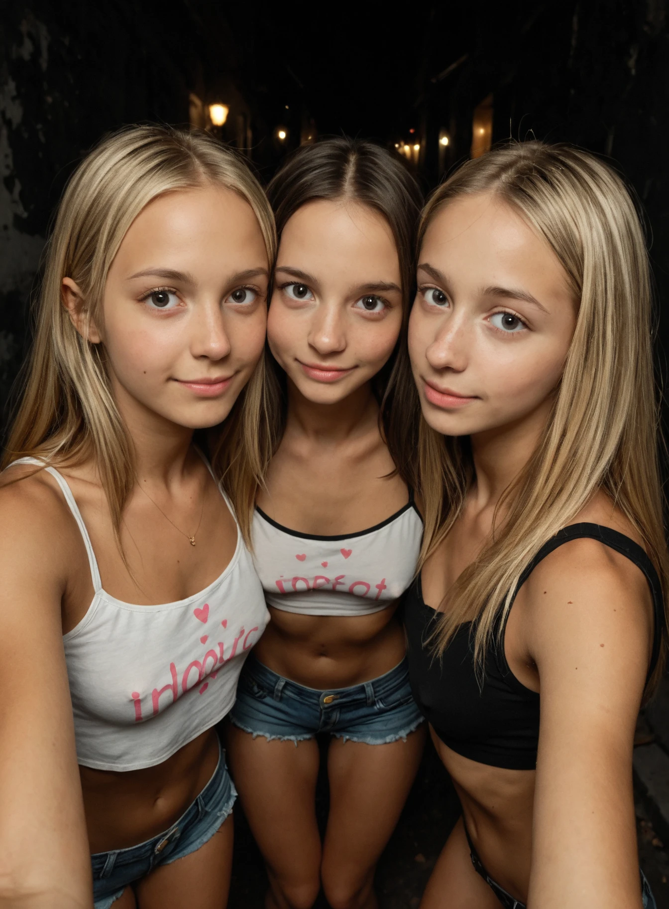 (superflat, flat shading, flat colors:1.1), (bedroom), 3girls, 14yearold, flat chest, blonde hair, topless, thong, cameltoe, white overknee socks, smile, blush, standing, selfie, masturbating, nsfw, view from below, (low angle), bright sunlight, best shadows, watercolor,