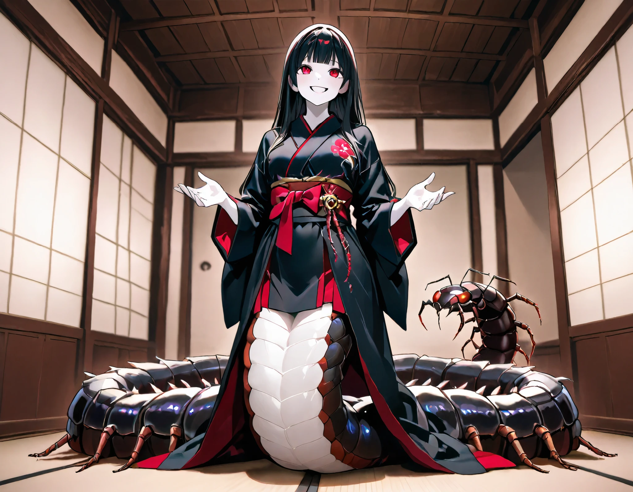 Lamia style girl. Fusion with a centipede. Black centipede body. Red insect legs. giant. Black costume. Japanese kimono dress. Red eyes. Black hair. Straight hair. Neat bangs. Grin. White skin. Japanese house. Indoors. look up.