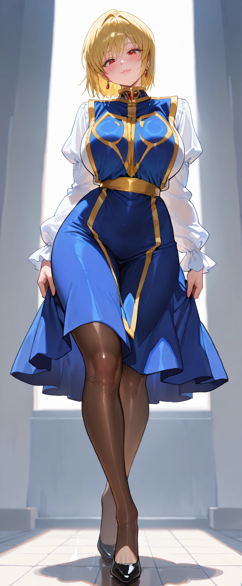 ( best quality , 8k , masterpiece , incredibly absurdres , beautiful woman , perfect body , super detailed skin , highly detailed eyes and face ),( best quality , 8k , masterpiece , incredibly absurdres , beautiful woman , perfect body , super detailed skin , highly detailed eyes and face ) ,,rom below, looking down, head tilt, light smile, half-closed eyes, blush, beautiful shiny lips, full body,  (best quality,4k,8k,highres,masterpiece:1.2),ultra-detailed,intricate details, high fashion, dramatic lighting, warm colors, chiaroscuro, beautiful eyes,long eyelashes, fleshy lips, large_breasts, mature_female, blush,huge_breasts, MILF, bob hair, japanese,  stunning,stylish, perfect breasts,large breasts)), fit,pale skin,seductive face, turn red,Kurapika, blonde hair, long legs, very large breasts, long breasts, saggy breasts,masterpiece, Muscular、(sexy)、Sweaty,Anime-style painting style,(shiny oiled skin),earrings glossy lips, (extremely wrinkled shiny clothes reflecting light), skin fit, erotic lips, extremely shiny fabric, (focus on woman), ,simple clothess, blue tabard, ((gold trim)), white shirt, long sleeves, puffy skirt, blue skirt,gold  gold piping on skirt, knee length skirt,((Skirt and tabard are the same color)),((simple yellow wide waist belt),gold tarim on the edge of the skirt,Brown tights,scarlet eyes,A dimly lit bedroom