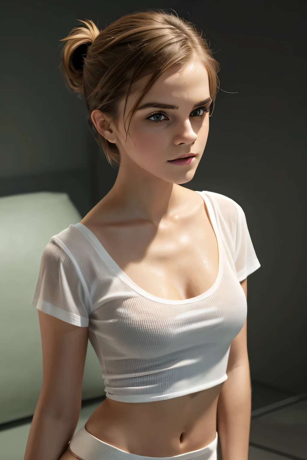 Gorgeous european woman with very short hair, short ponytail with fringe, wet hair, hair slicked back, combed straight back, slick hair, streaked blonde hair, seductive pose, Emma Watson in a revealing clothes, wearing a tight white t-shirt, short green miniskirt, medium breasts, cleavage, solid dark grey background